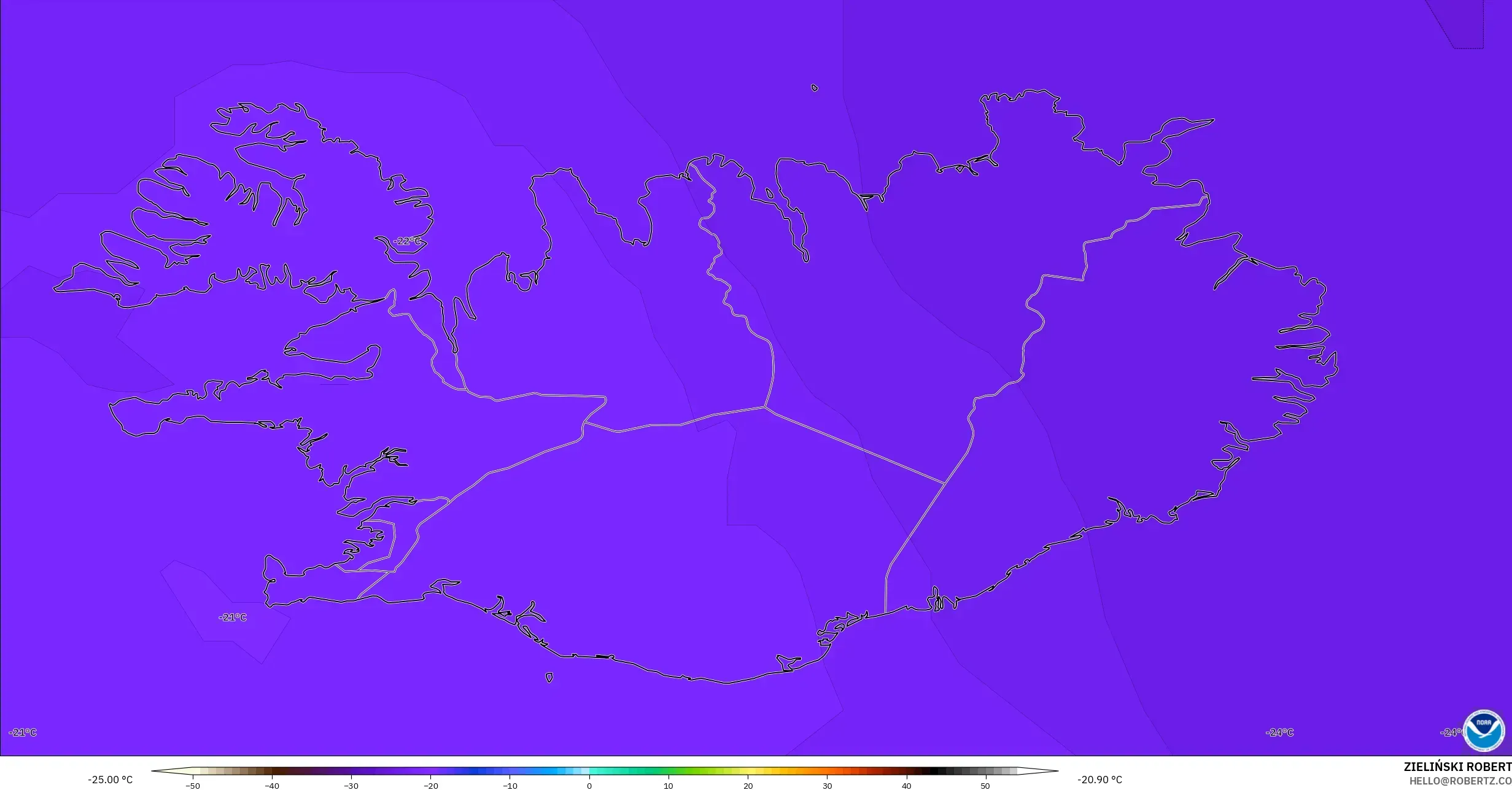 GFS modelo - Islandia, Temperatura a 500 hPa