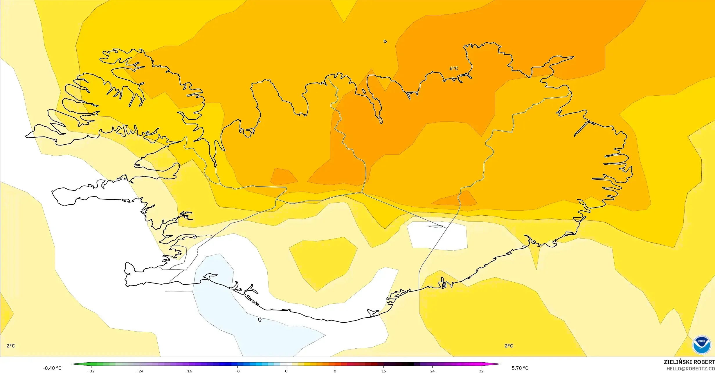 GFS modelo - Islandia, Anomalía de temperatura a 850 hPa