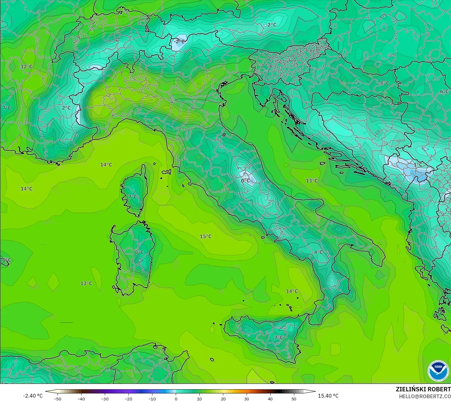 GFS modelo - Italia, Punto de rocío a 2 m