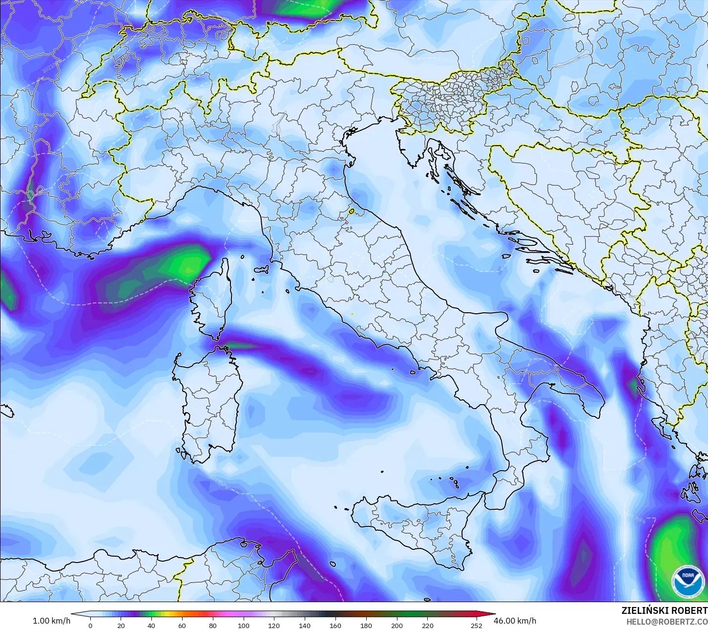 GFS modelo - Italia, Ráfagas de viento