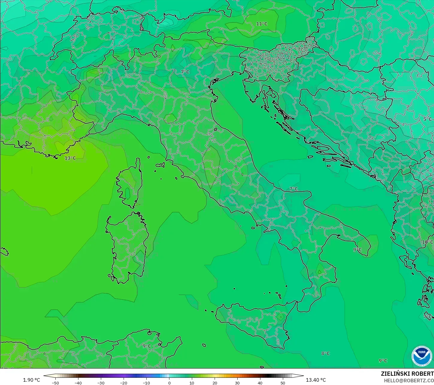 GFS modelo - Italia, Temperatura a 850 hPa