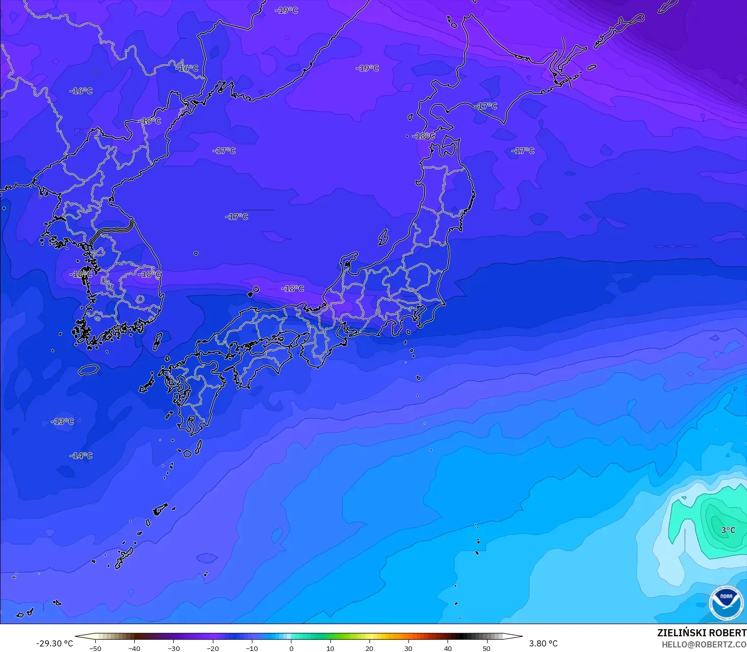 GFS modelo - Japón, Temperatura a 500 hPa