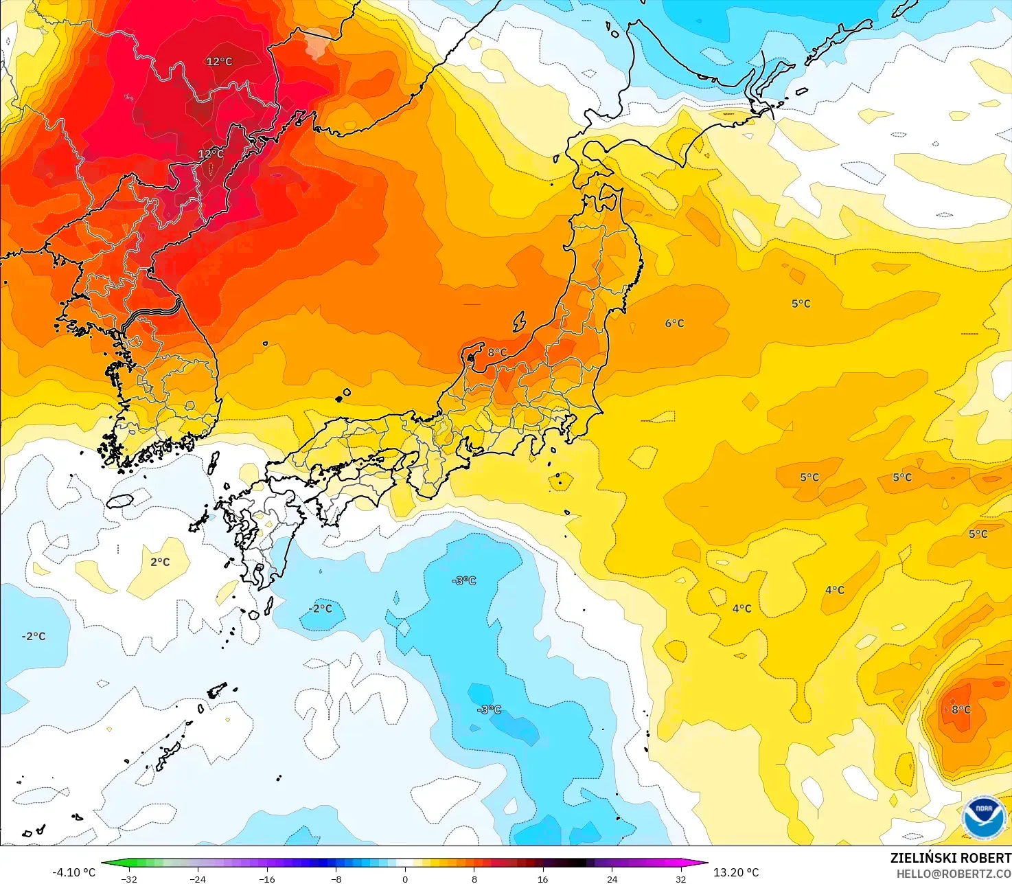GFS modelo - Japón, Anomalía de temperatura a 850 hPa