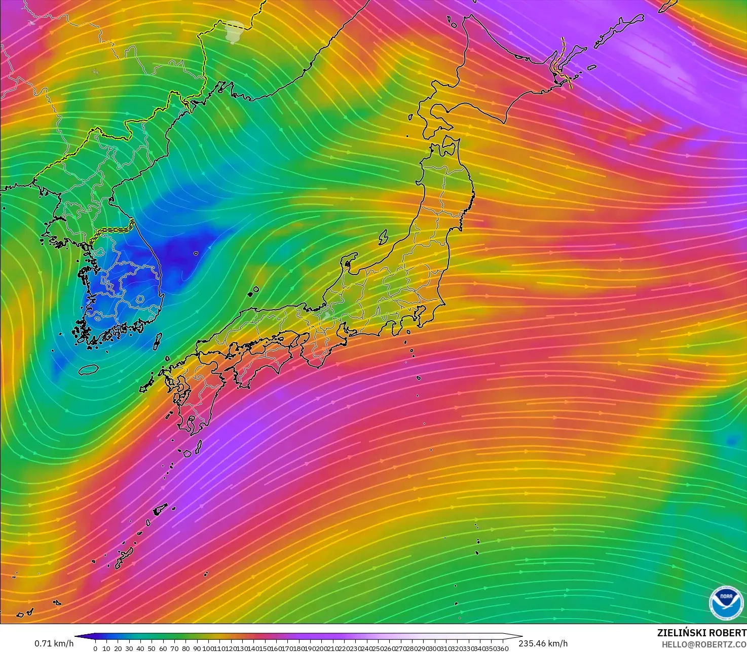 GFS modelo - Japón, Viento a 300 hPa (corriente en chorro)