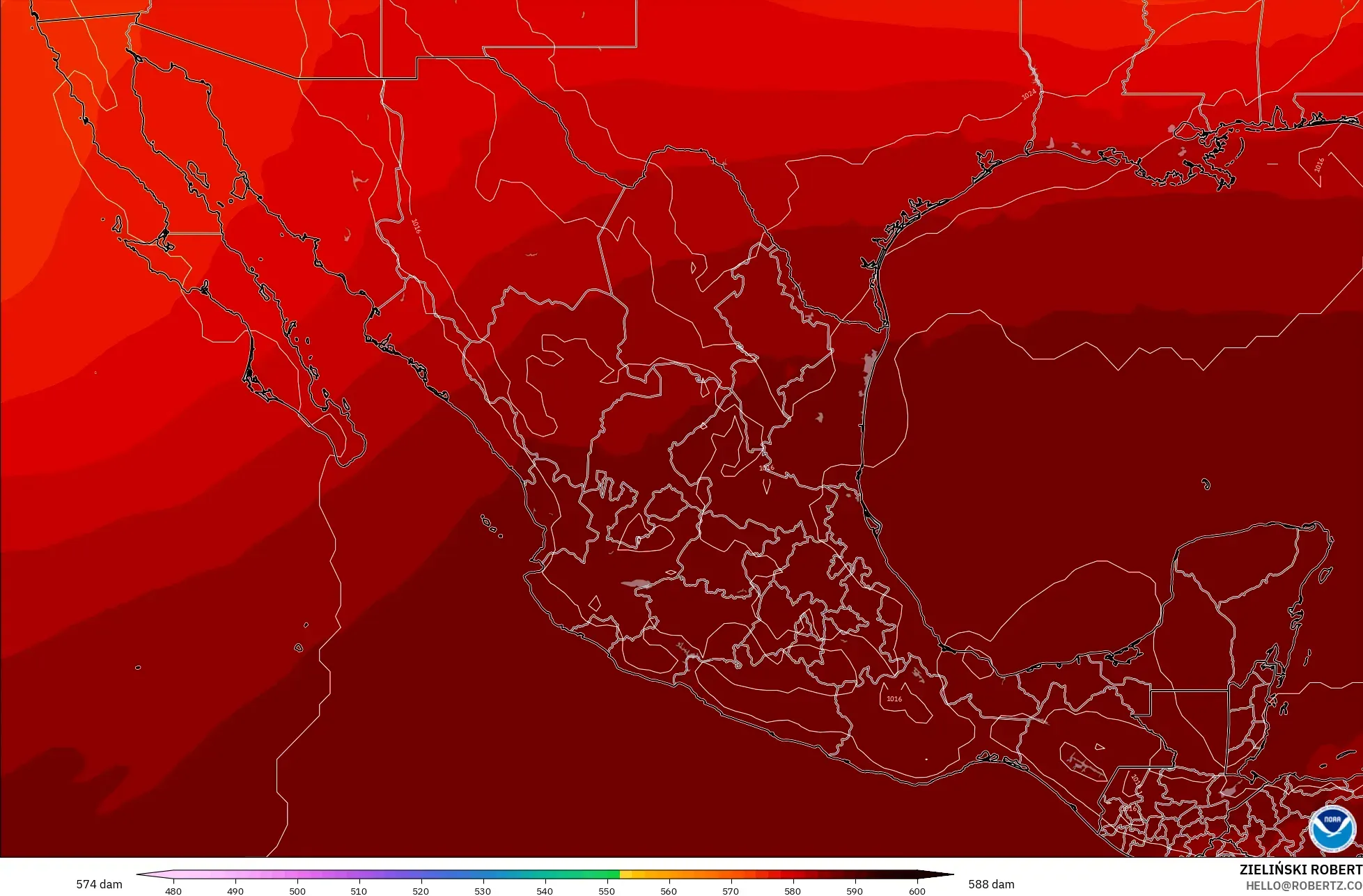 GFS modelo - México, Altura geopotencial a 500 hPa