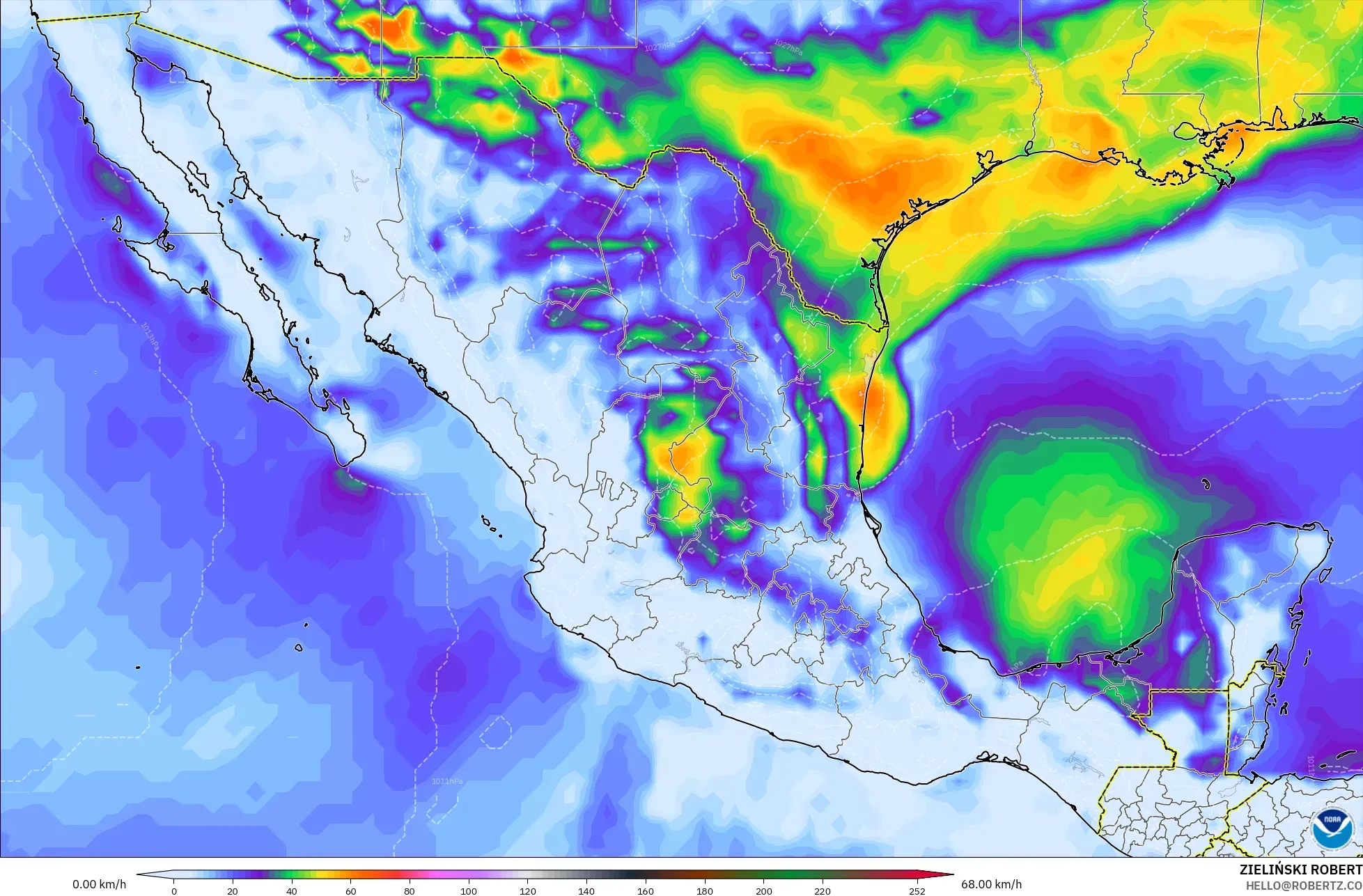 GFS modelo - México, Ráfagas de Viento Máximas