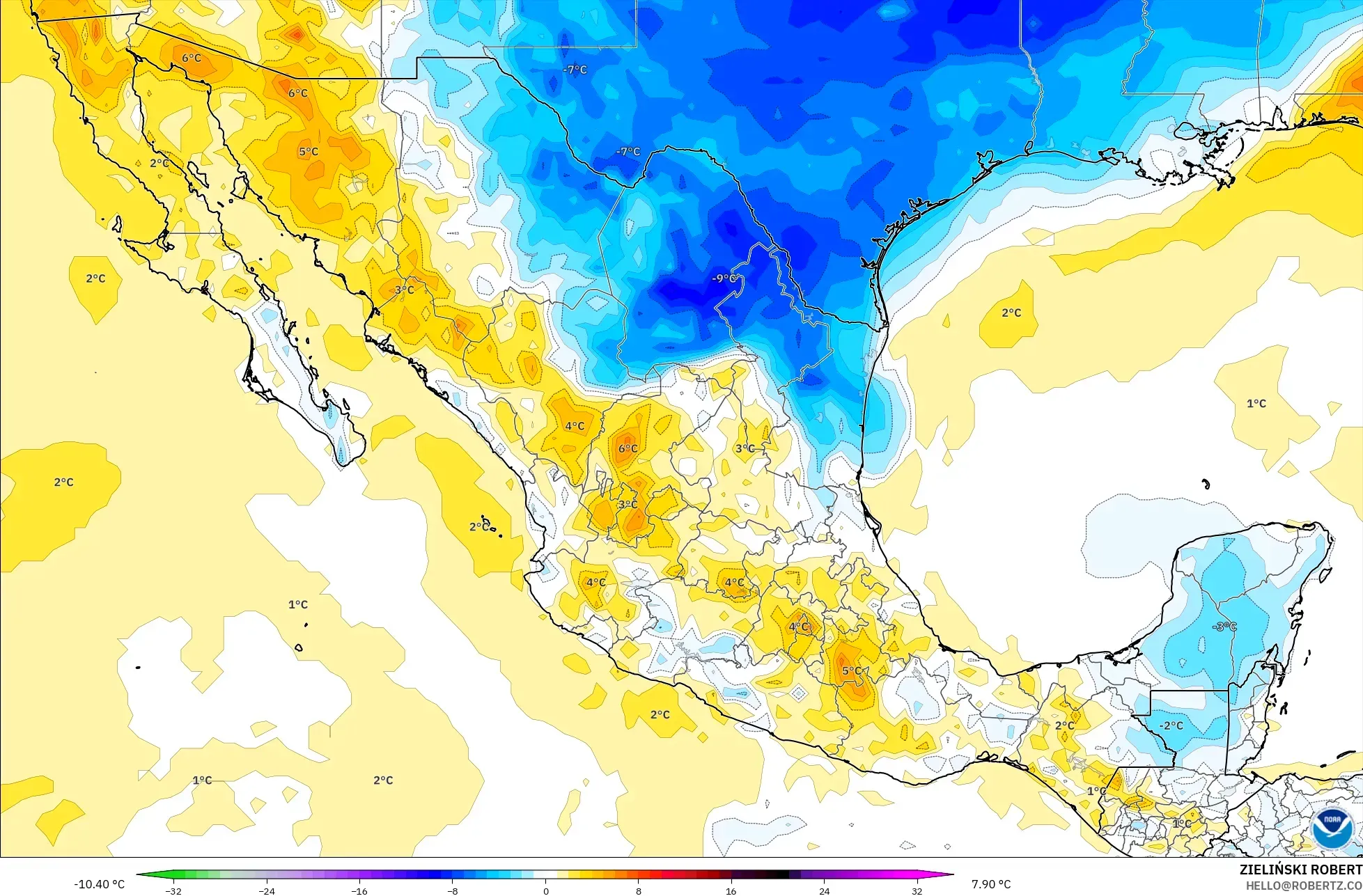 GFS modelo - México, Anomalía de temperatura a 2 m
