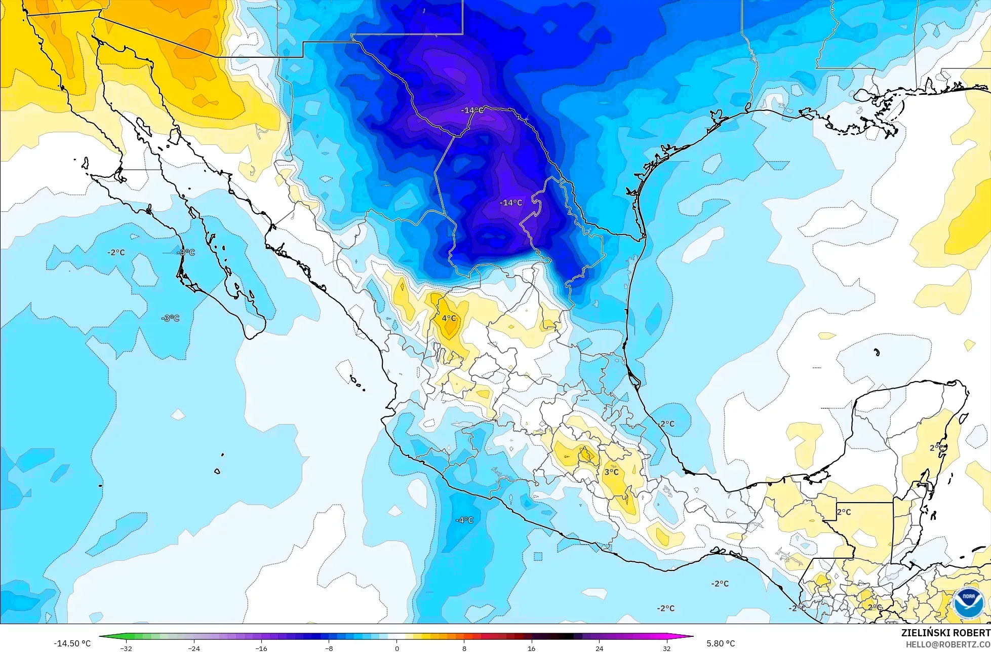 GFS modelo - México, Anomalía de temperatura a 850 hPa