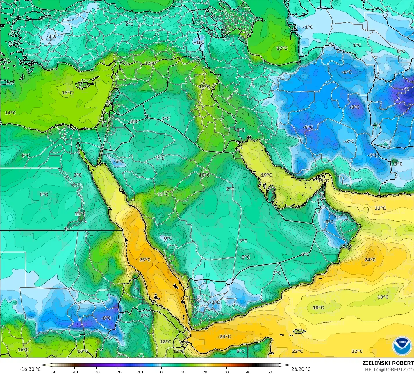 GFS modelo - Oriente Medio, Punto de rocío a 2 m