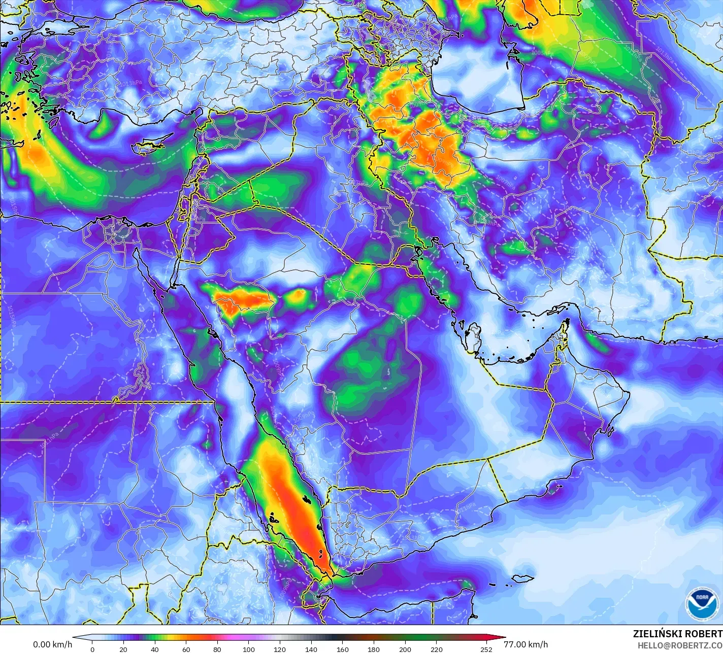 GFS modelo - Oriente Medio, Ráfagas de viento