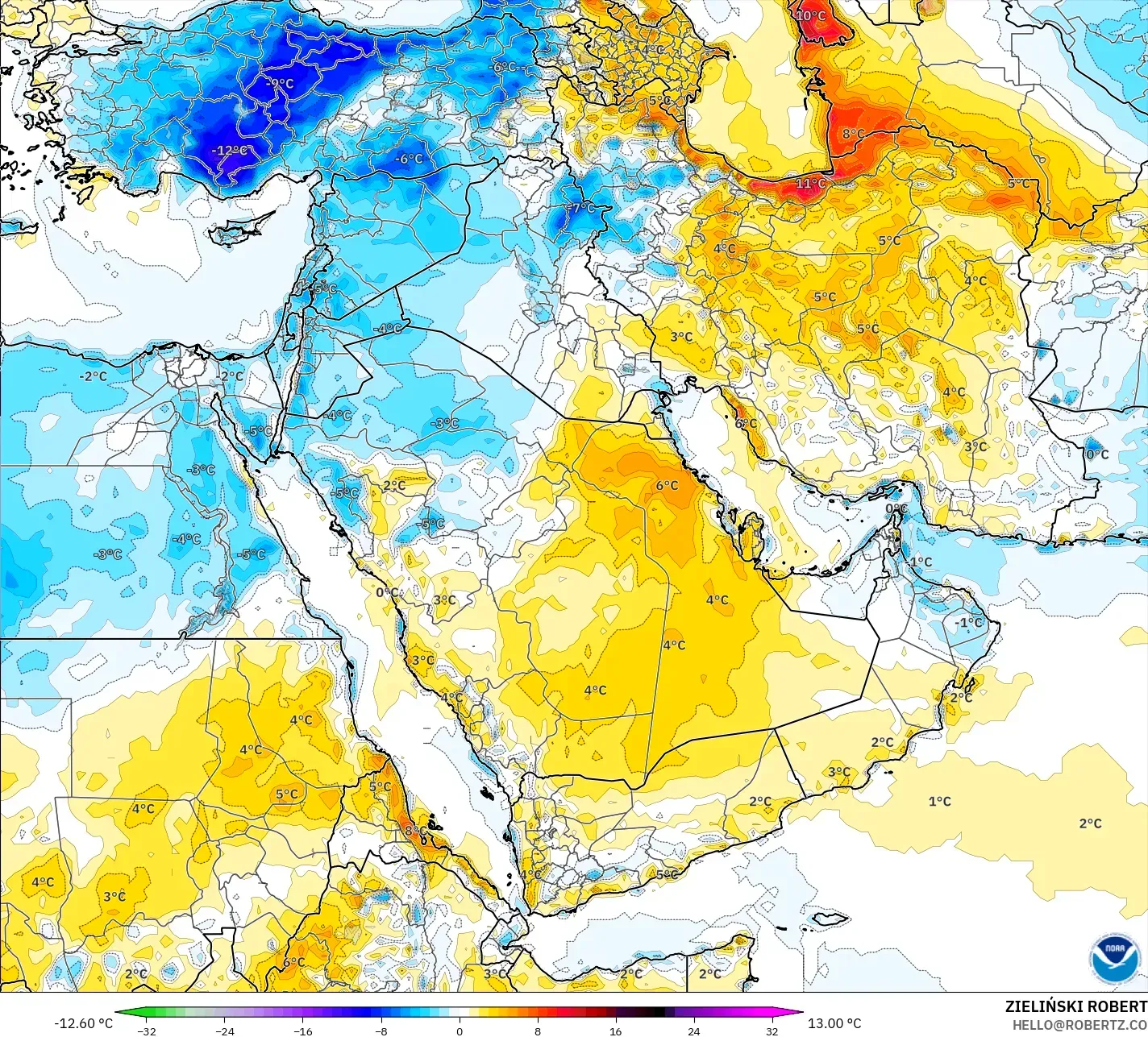 GFS modelo - Oriente Medio, Anomalía de temperatura a 2 m