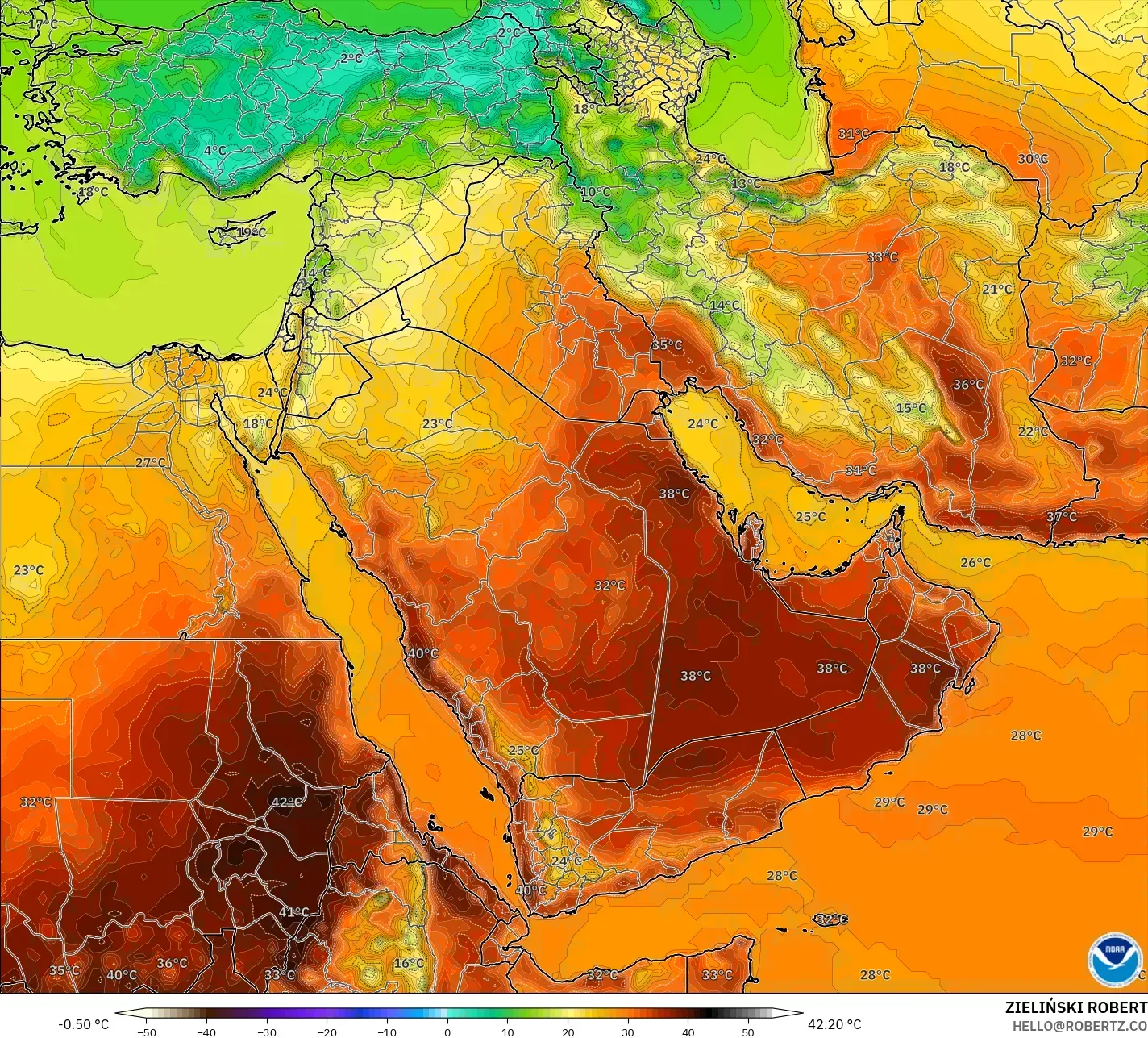 GFS modelo - Oriente Medio, Temperatura a 2 m