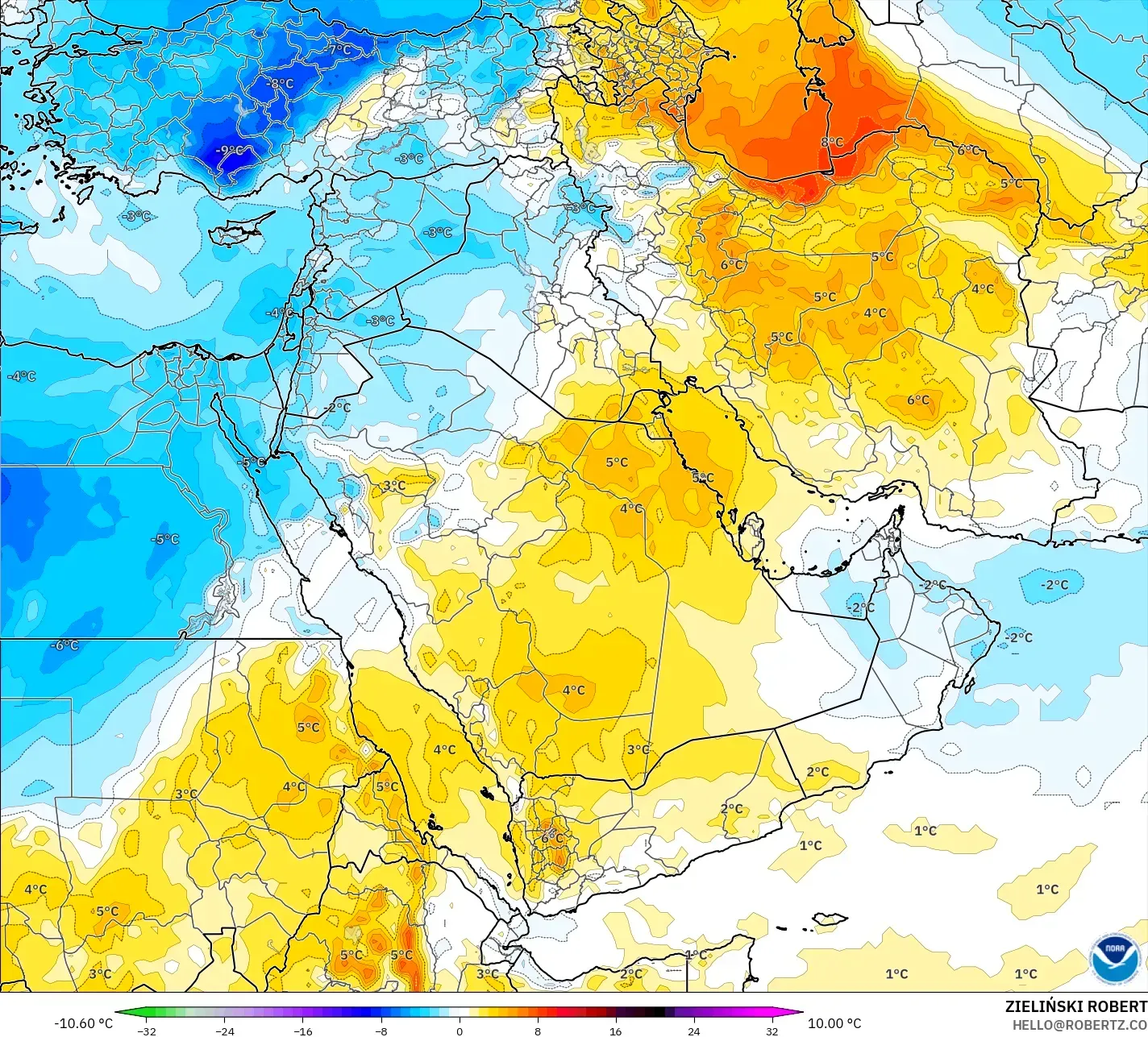 GFS modelo - Oriente Medio, Anomalía de temperatura a 850 hPa