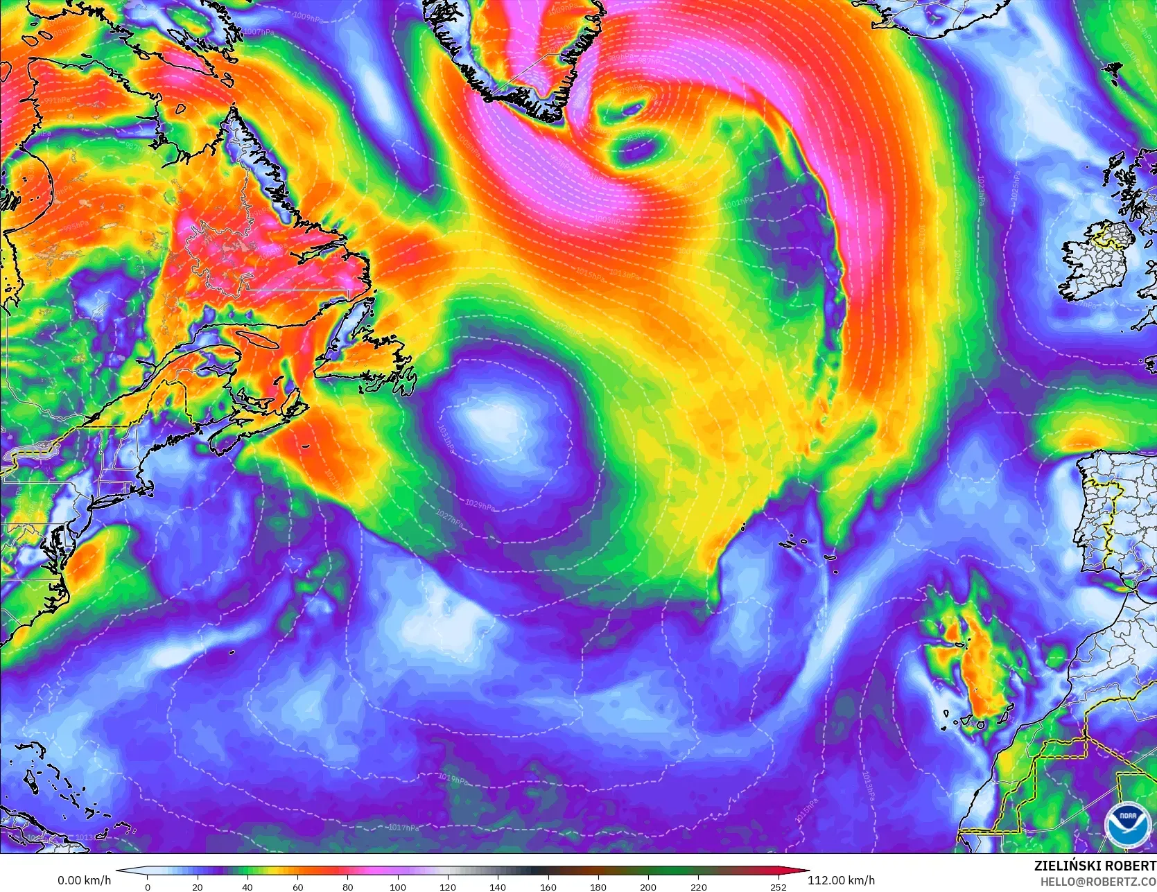 GFS modelo - Norte Atlántico, Ráfagas de Viento Máximas