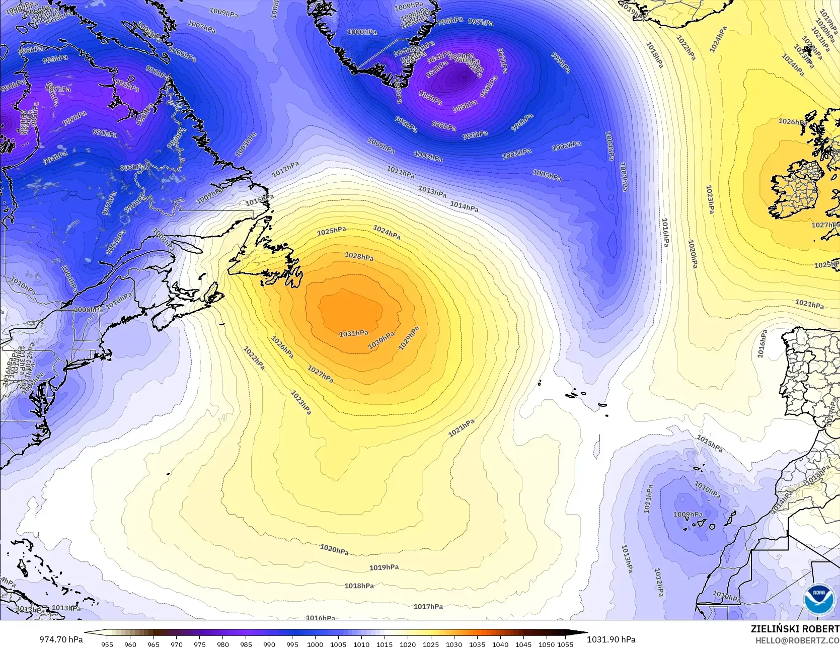 GFS modelo - Norte Atlántico, Presión