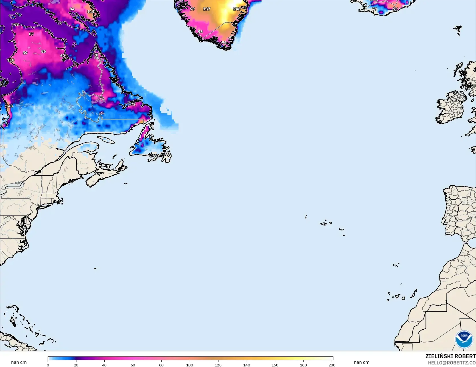 GFS modelo - Norte Atlántico, Profundidad de nieve