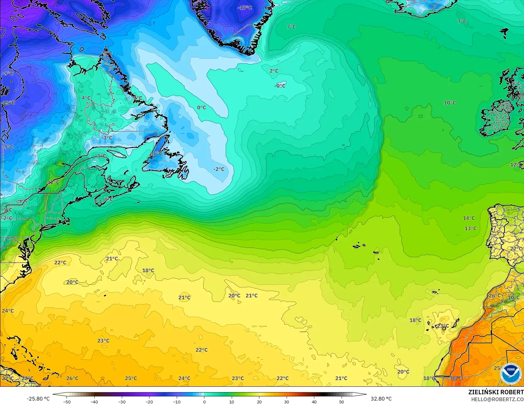 GFS modelo - Norte Atlántico, Temperatura a 2 m
