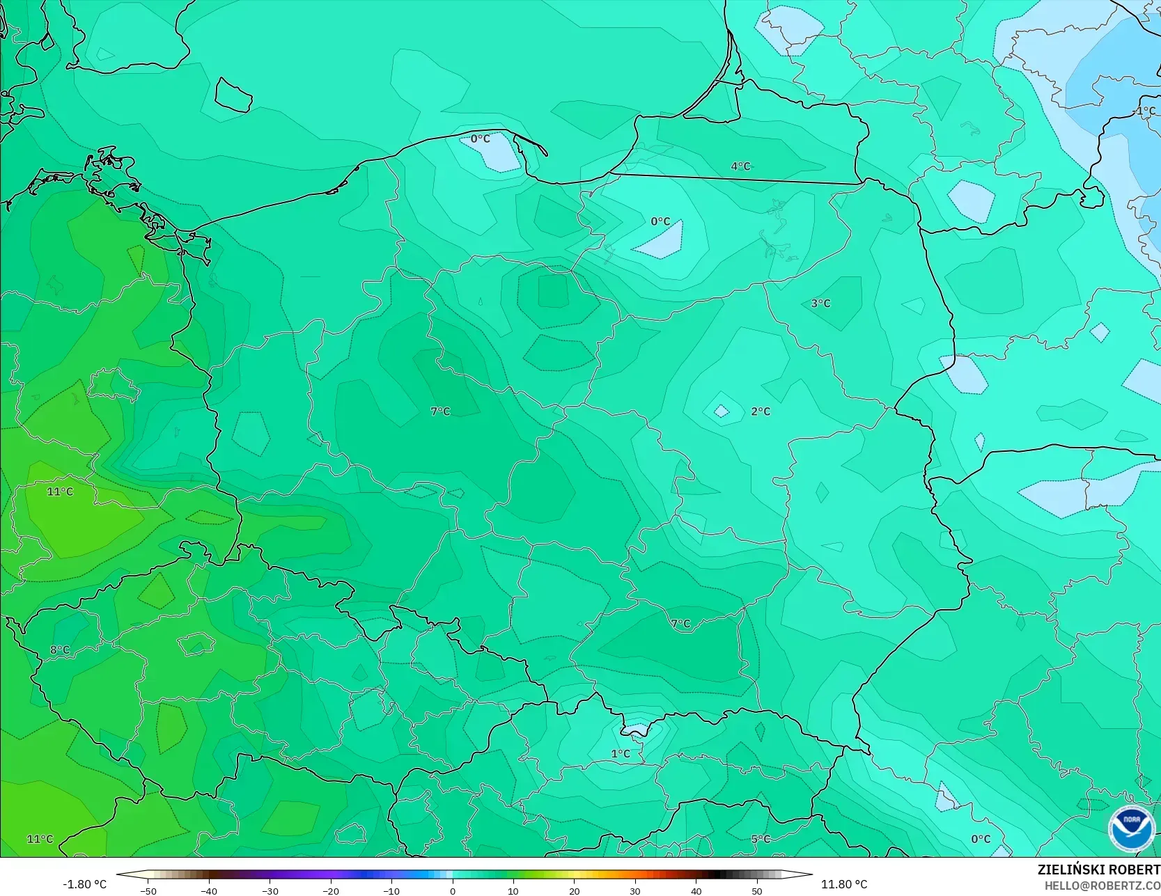 GFS modelo - Polonia, Punto de rocío a 2 m