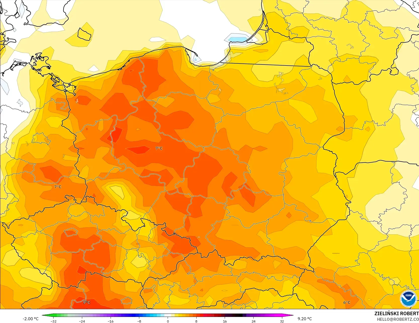 GFS modelo - Polonia, Anomalía de temperatura a 2 m