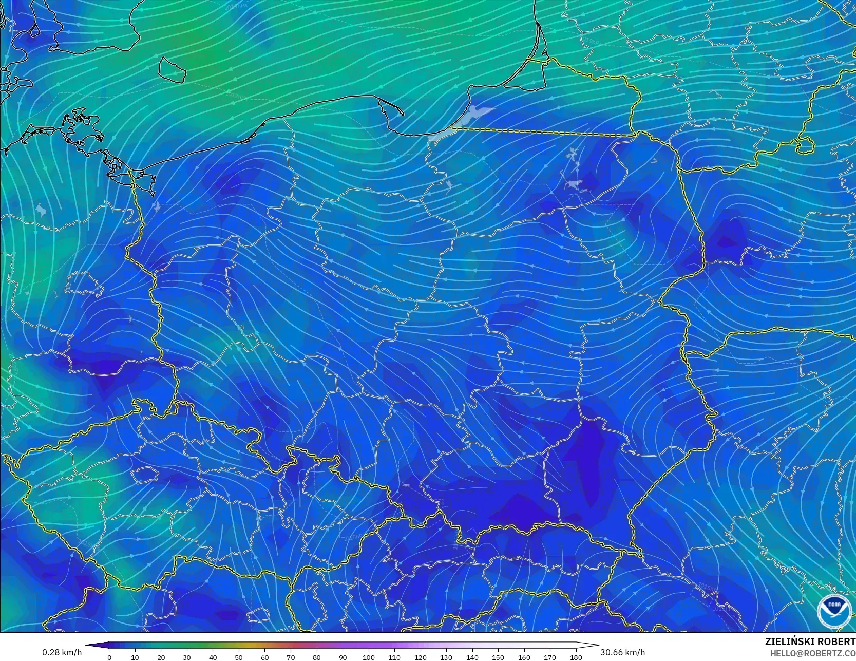 GFS modelo - Polonia, Viento a 10 m