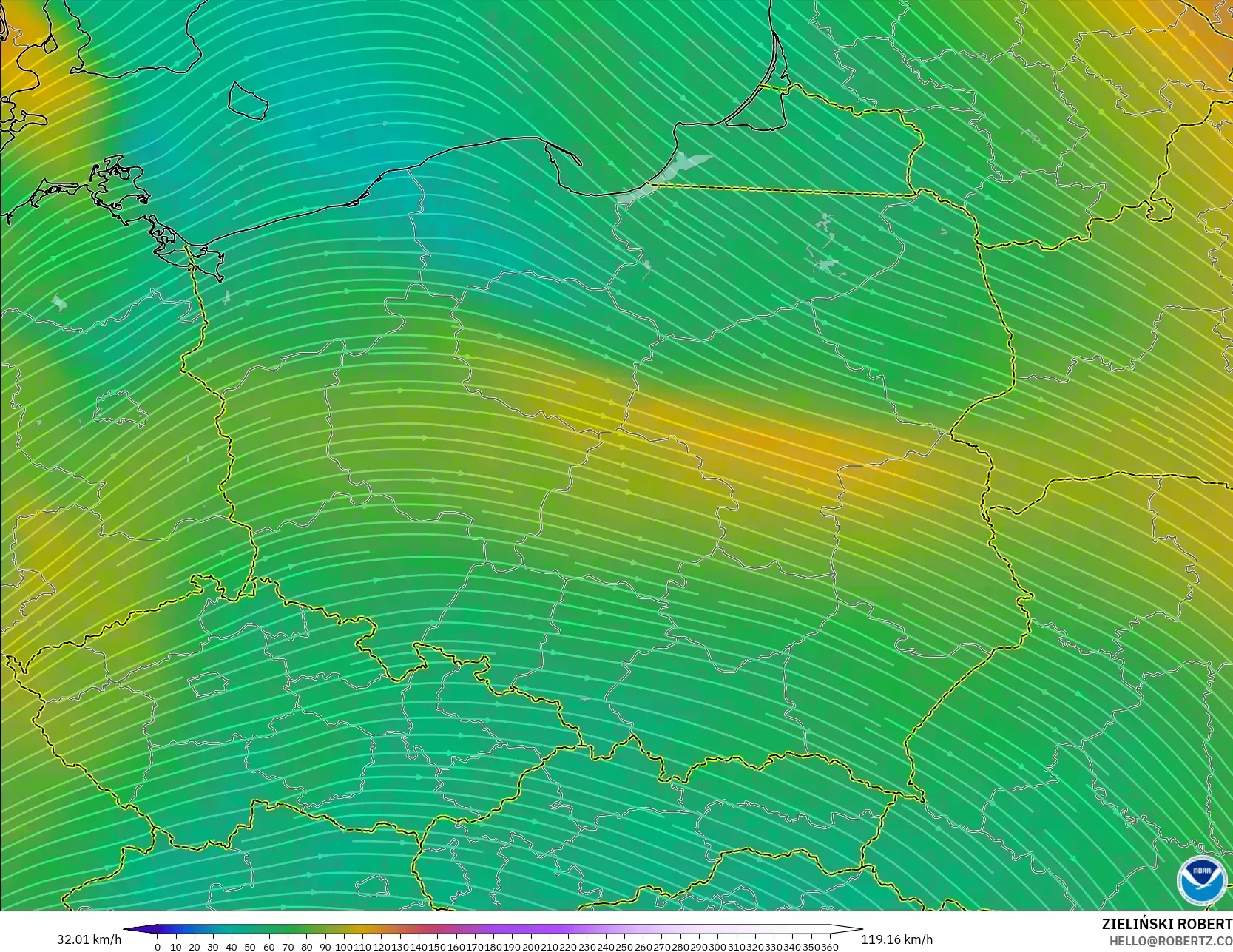 GFS modelo - Polonia, Viento a 300 hPa (corriente en chorro)
