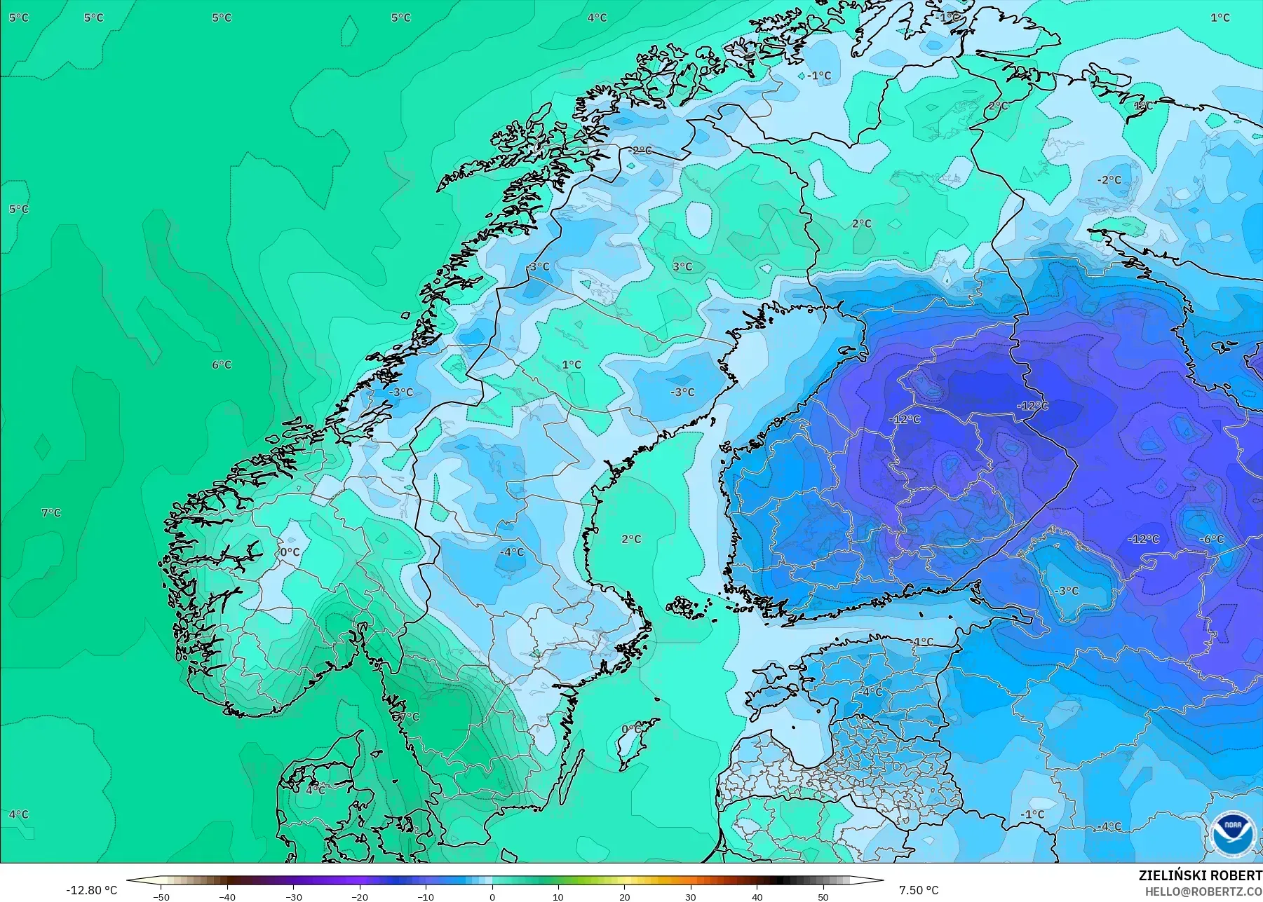 GFS modelo - Escandinavia, Punto de rocío a 2 m
