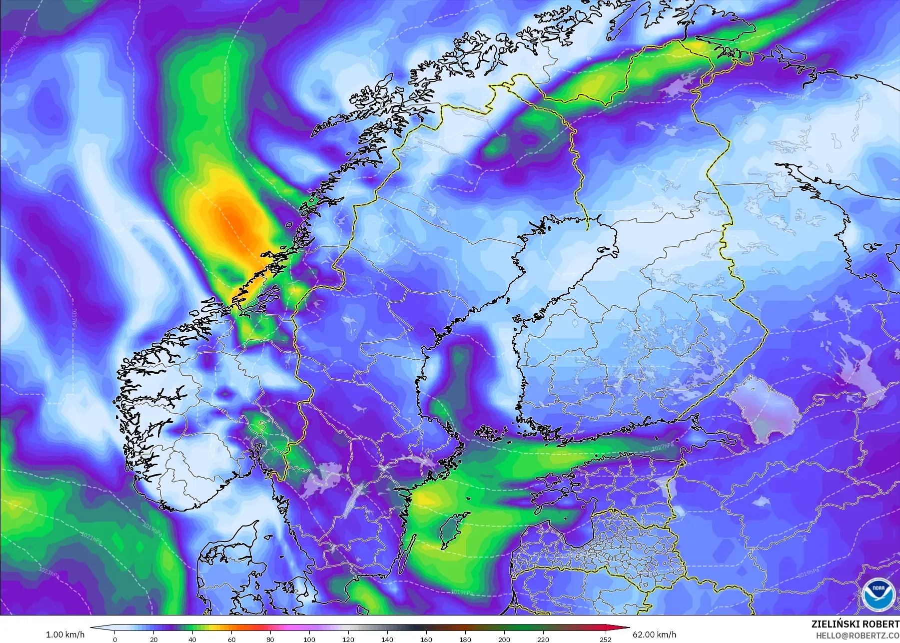GFS modelo - Escandinavia, Ráfagas de Viento Máximas