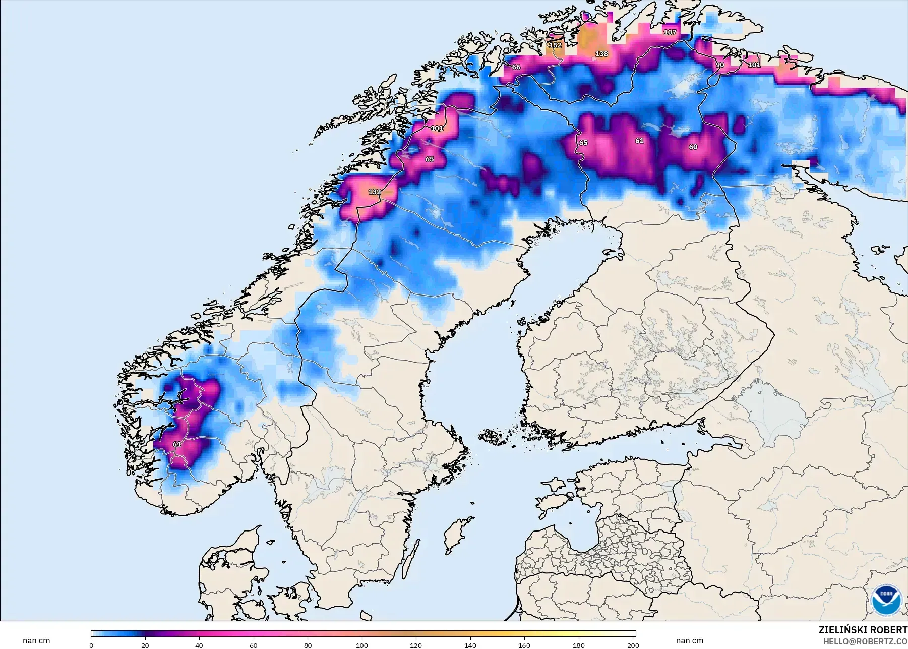 GFS modelo - Escandinavia, Profundidad de nieve