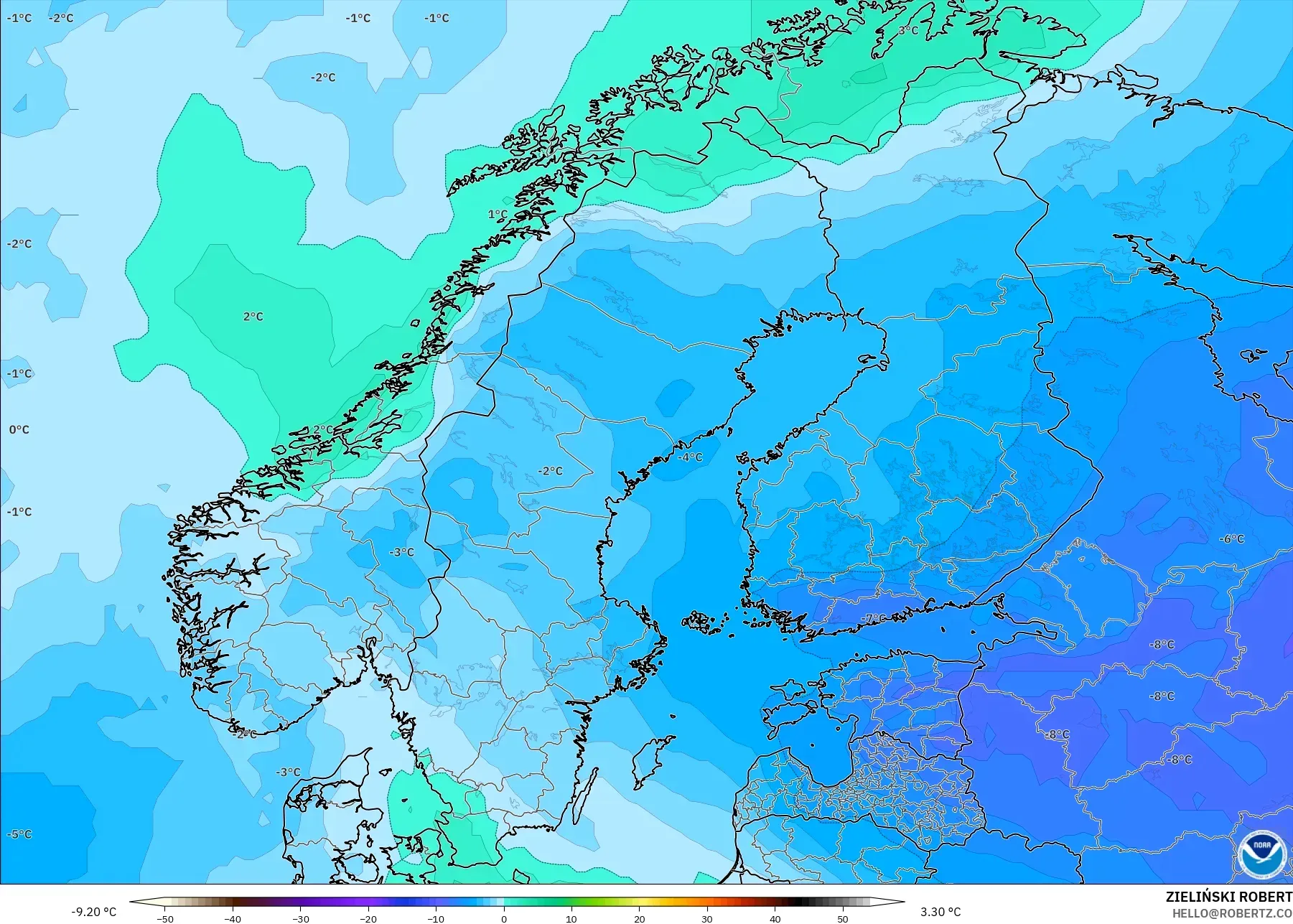 GFS modelo - Escandinavia, Temperatura a 850 hPa