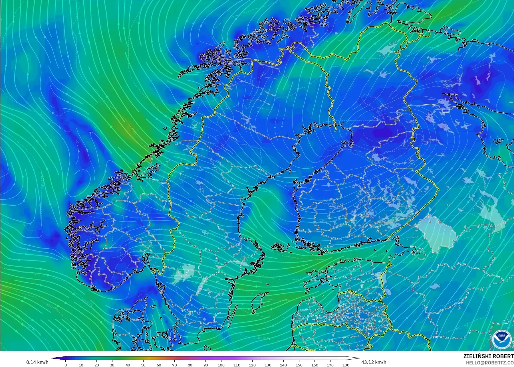 GFS modelo - Escandinavia, Viento a 10 m