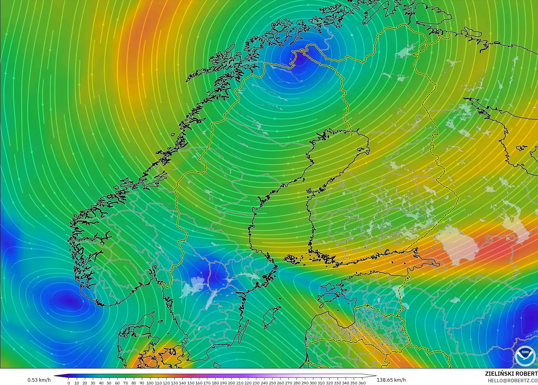 GFS modelo - Escandinavia, Viento a 300 hPa (corriente en chorro)
