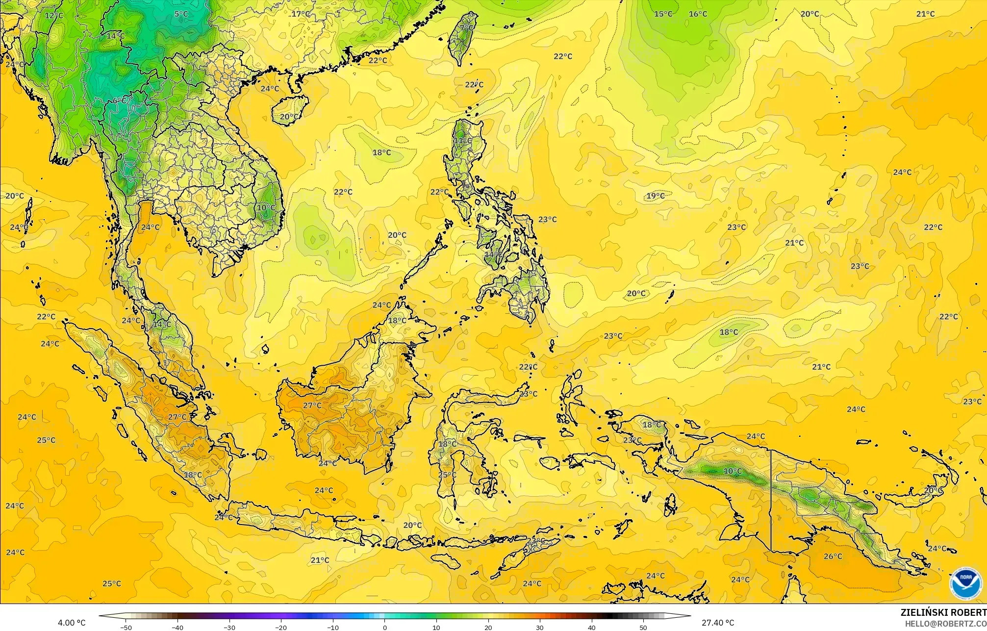 GFS modelo - Sudeste Asiático, Punto de rocío a 2 m