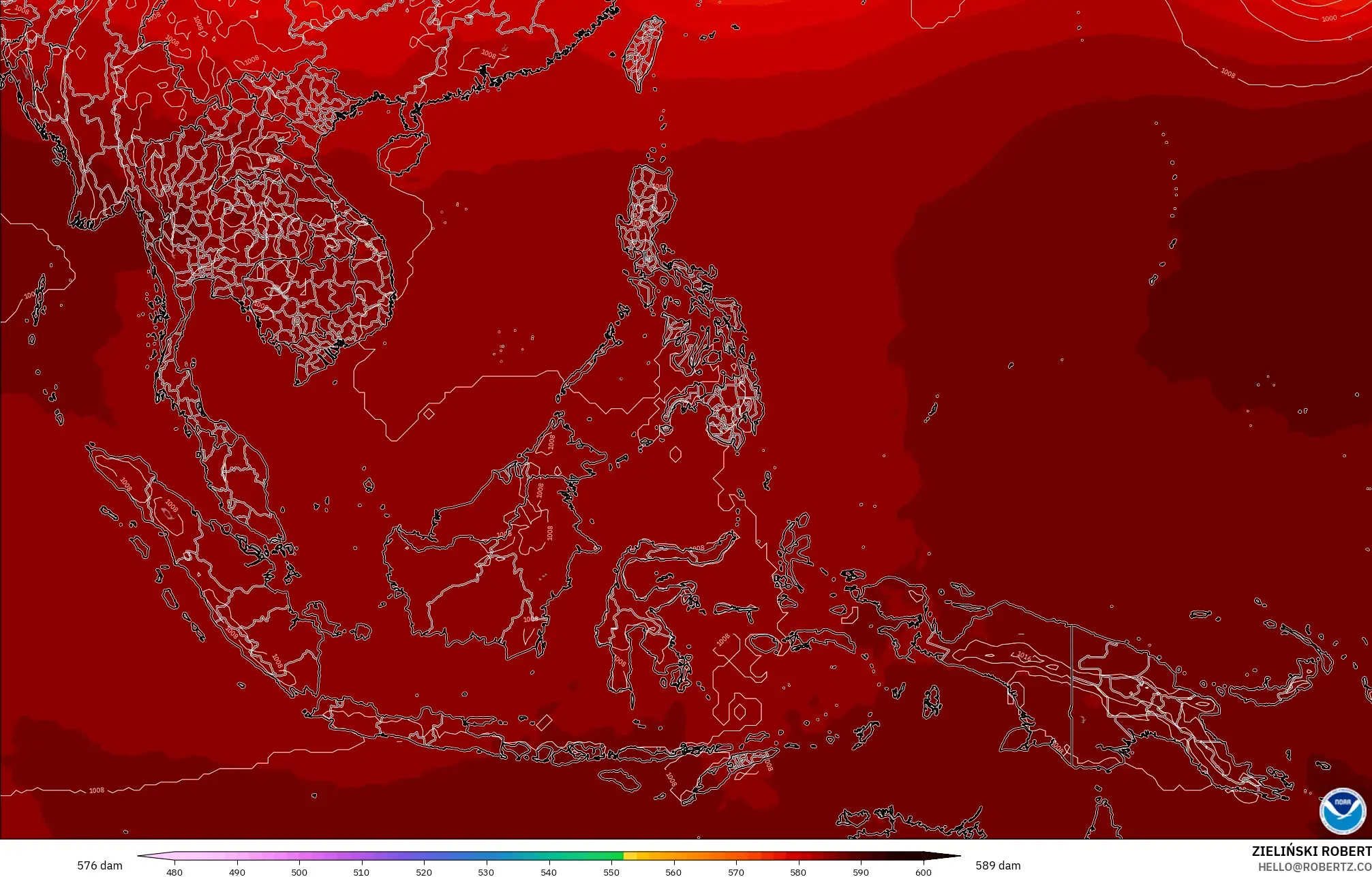 GFS modelo - Sudeste Asiático, Altura geopotencial a 500 hPa