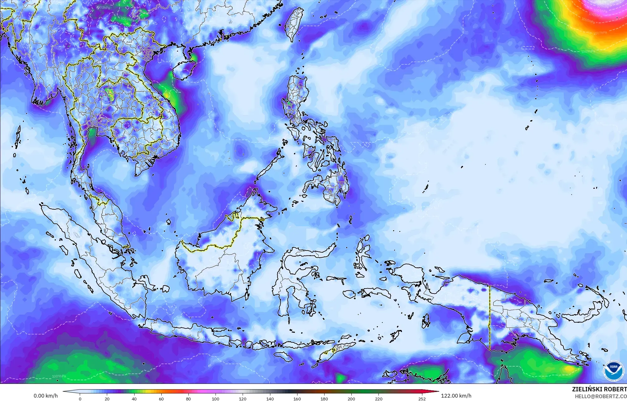 GFS modelo - Sudeste Asiático, Ráfagas de Viento Máximas