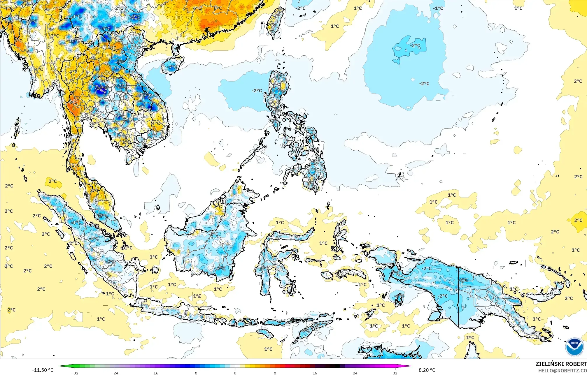 GFS modelo - Sudeste Asiático, Anomalía de temperatura a 2 m
