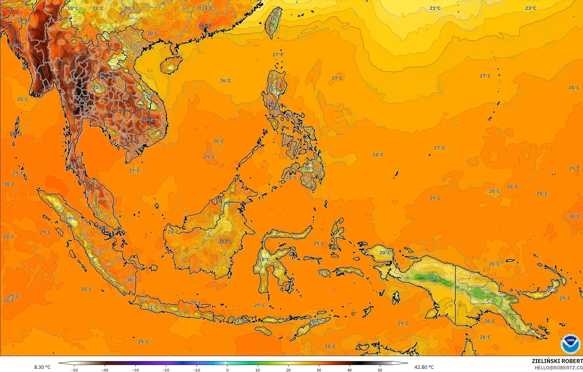 GFS modelo - Sudeste Asiático, Temperatura a 2 m
