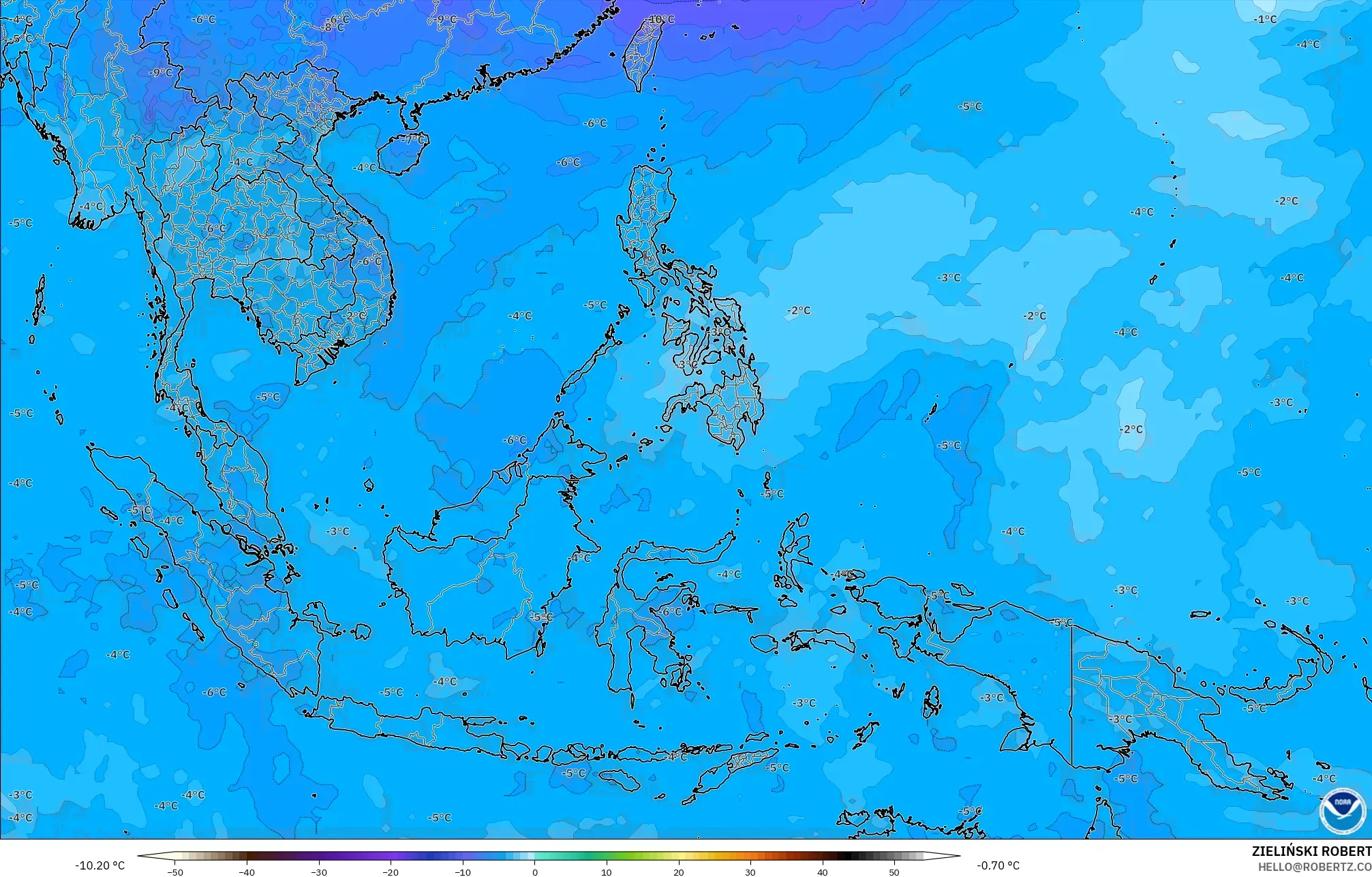 GFS modelo - Sudeste Asiático, Temperatura a 500 hPa