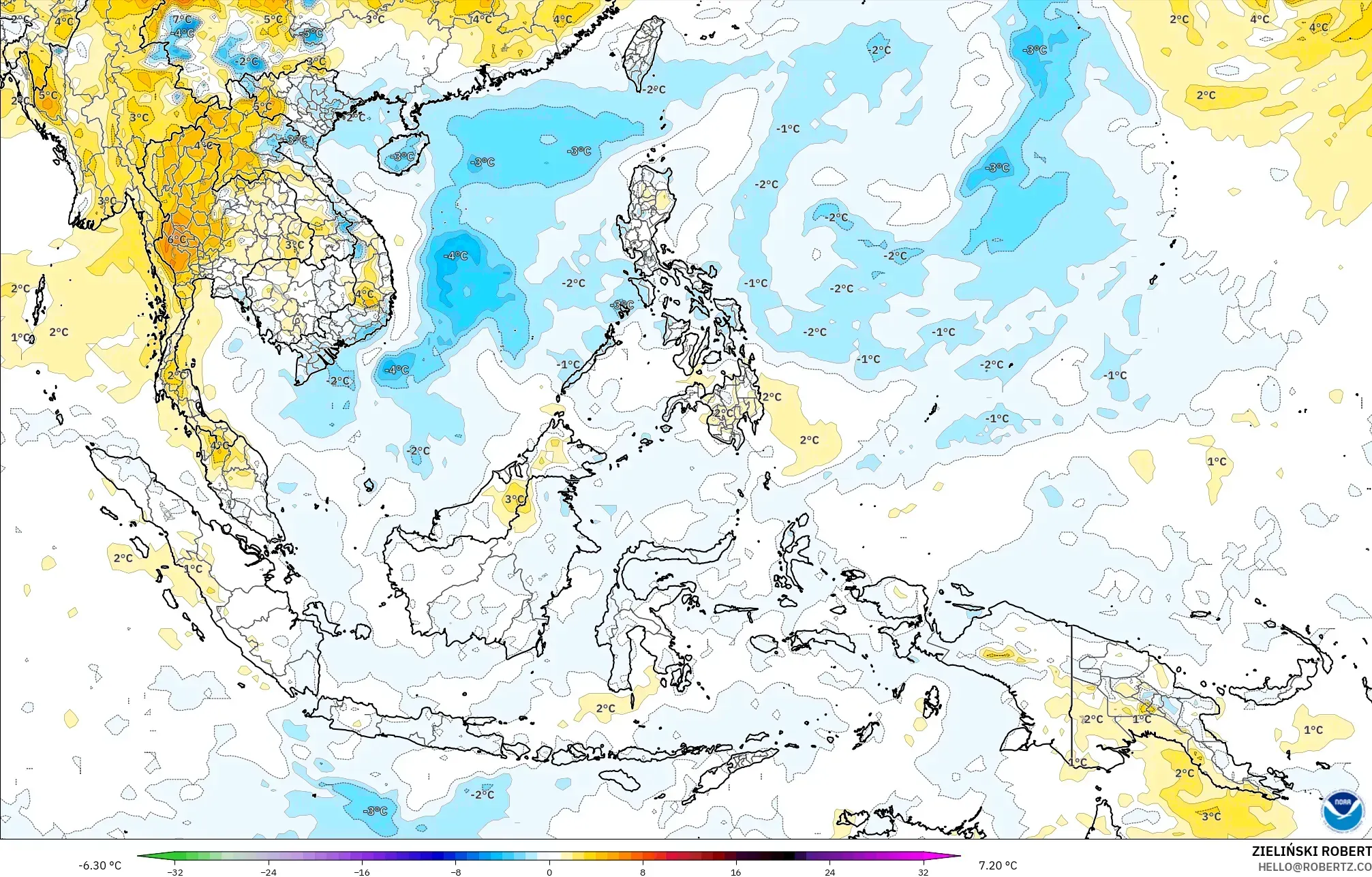 GFS modelo - Sudeste Asiático, Anomalía de temperatura a 850 hPa