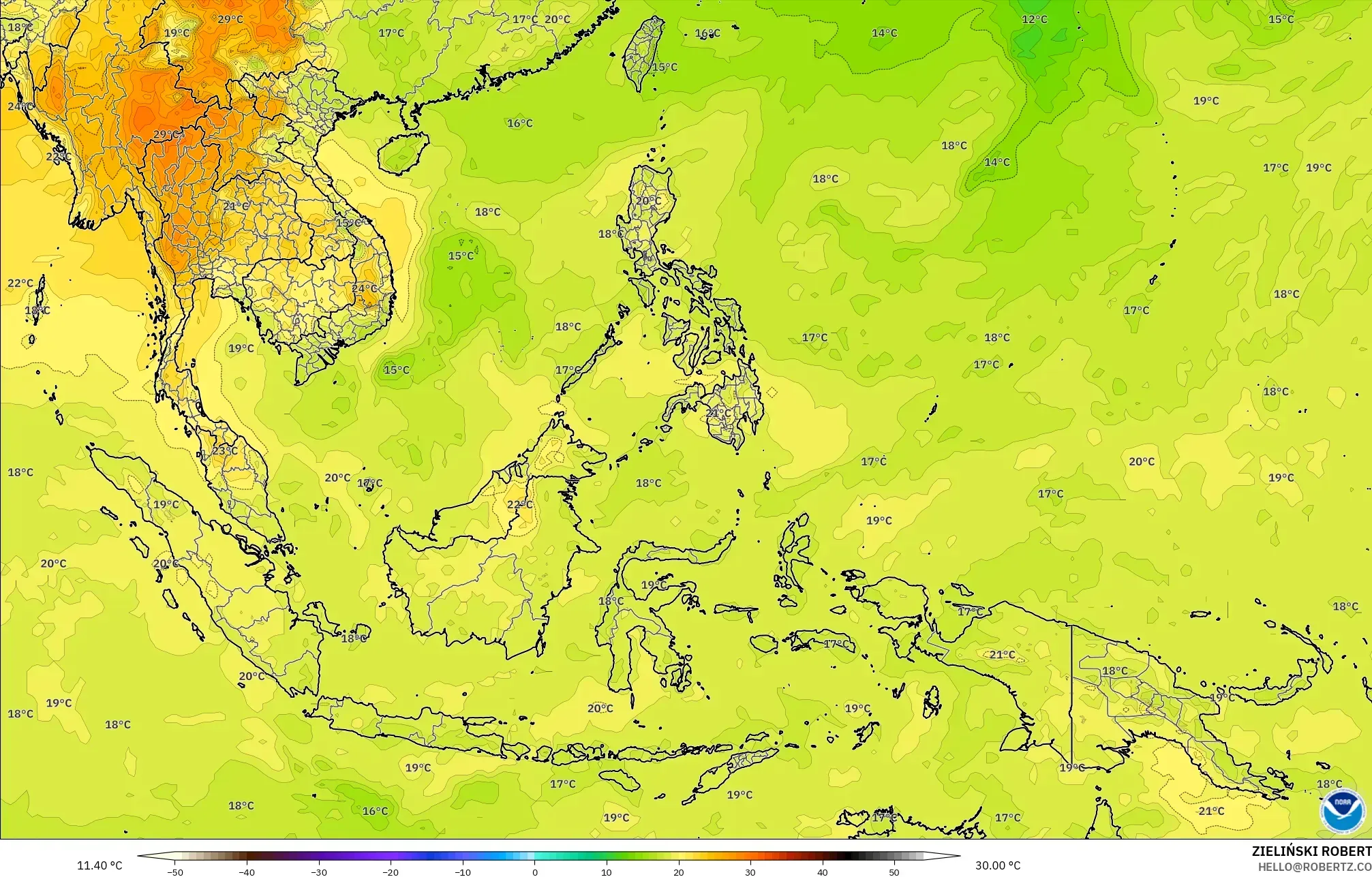 GFS modelo - Sudeste Asiático, Temperatura a 850 hPa