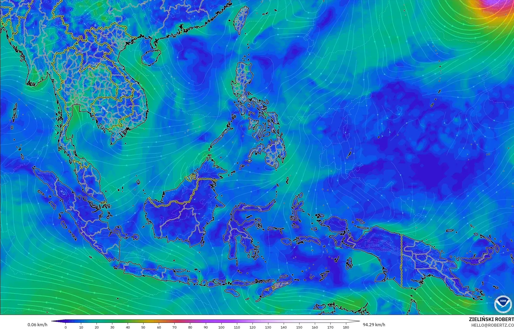 GFS modelo - Sudeste Asiático, Viento a 10 m
