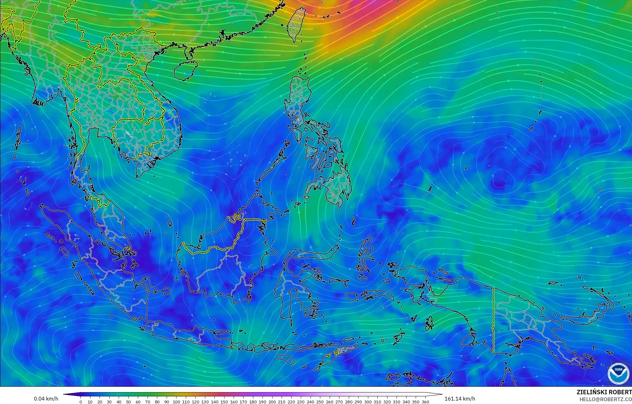 GFS modelo - Sudeste Asiático, Viento a 300 hPa (corriente en chorro)