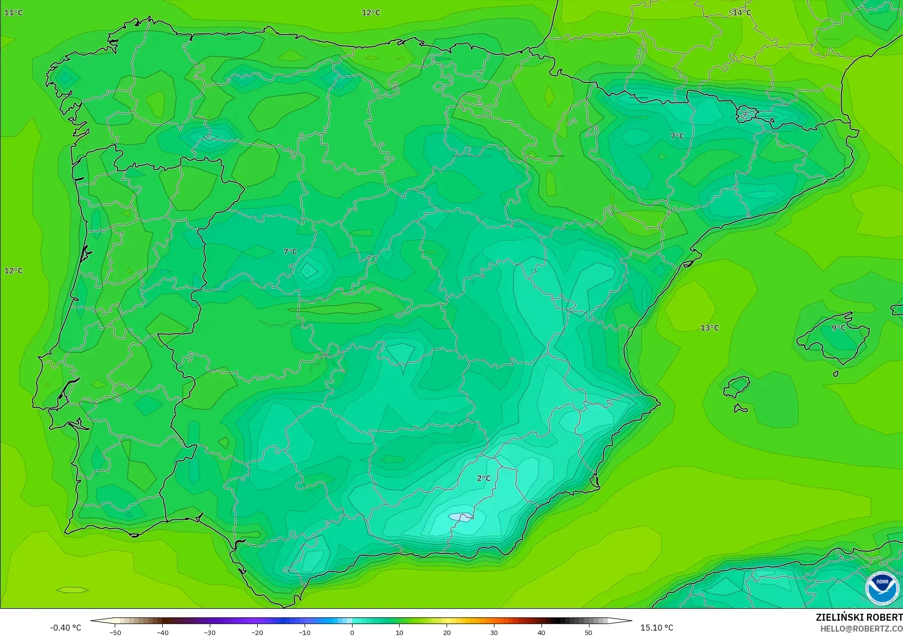 GFS modelo - España, Punto de rocío a 2 m