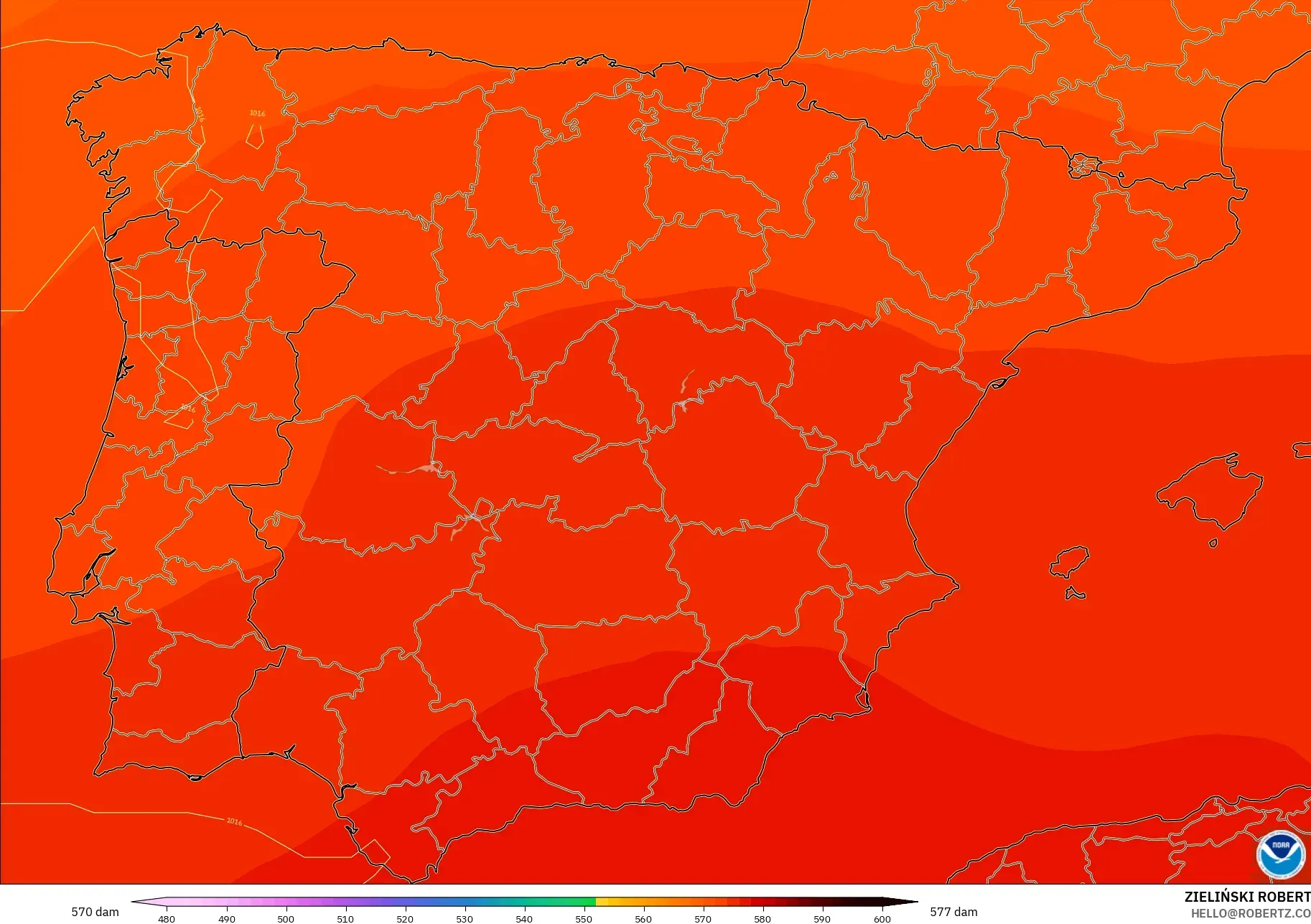 GFS modelo - España, Altura geopotencial a 500 hPa