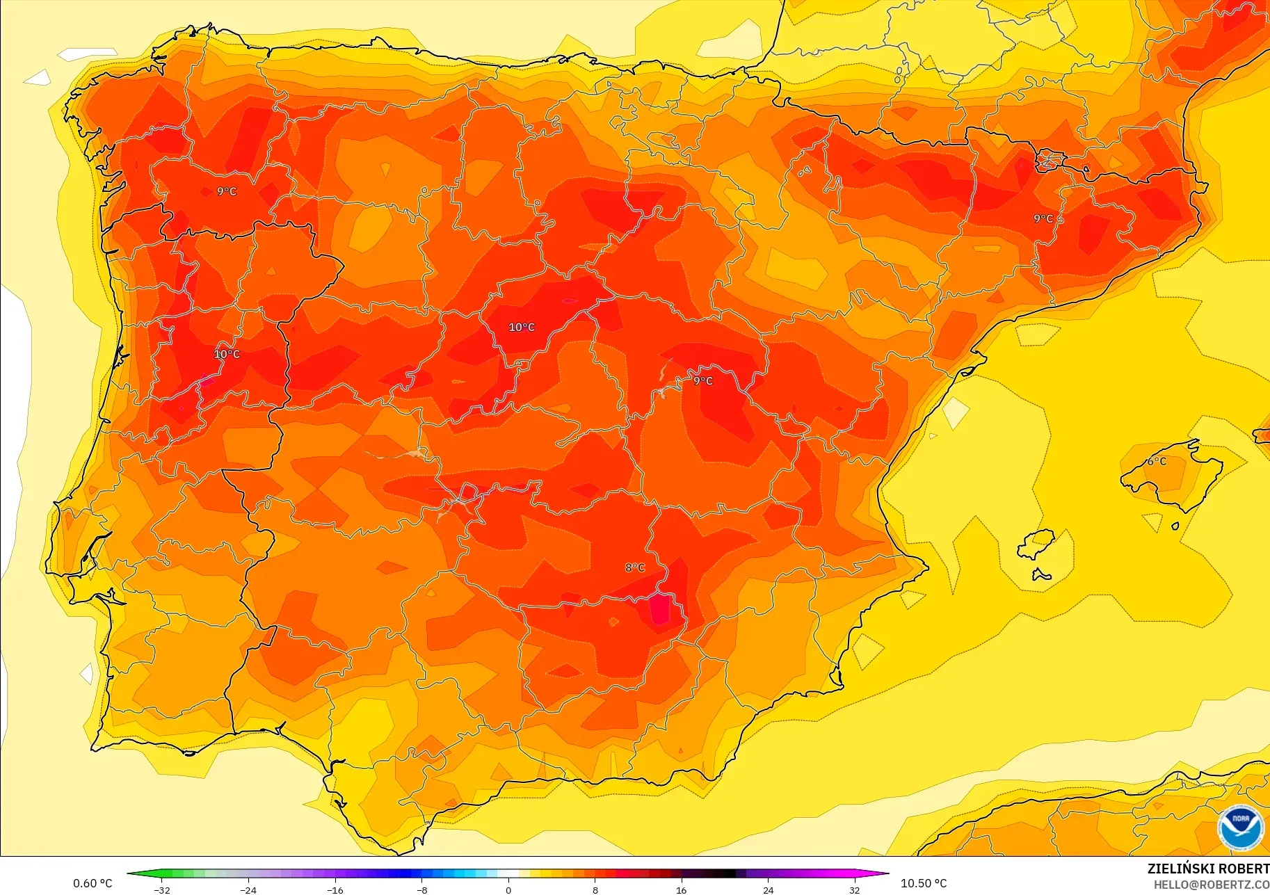 GFS modelo - España, Anomalía de temperatura a 2 m