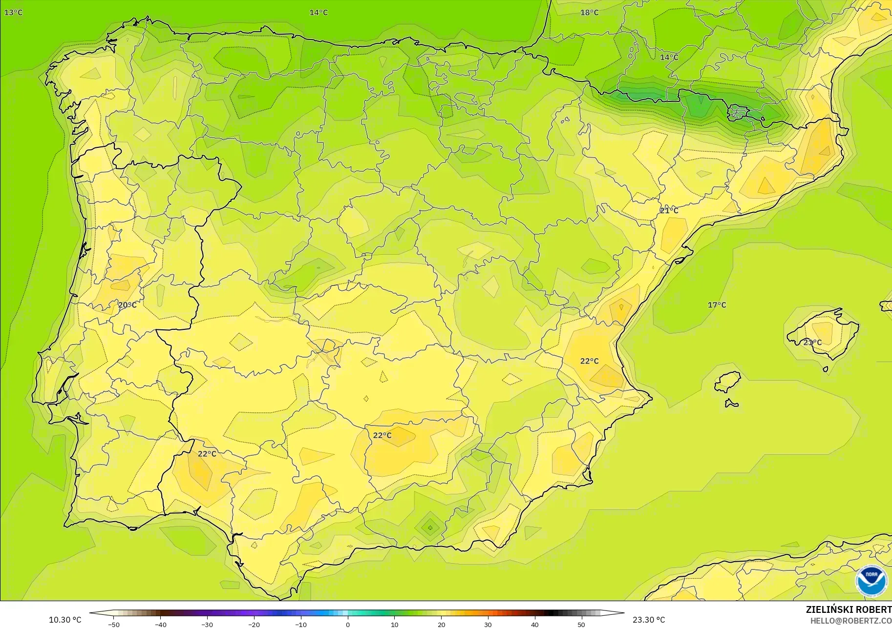 GFS modelo - España, Temperatura a 2 m