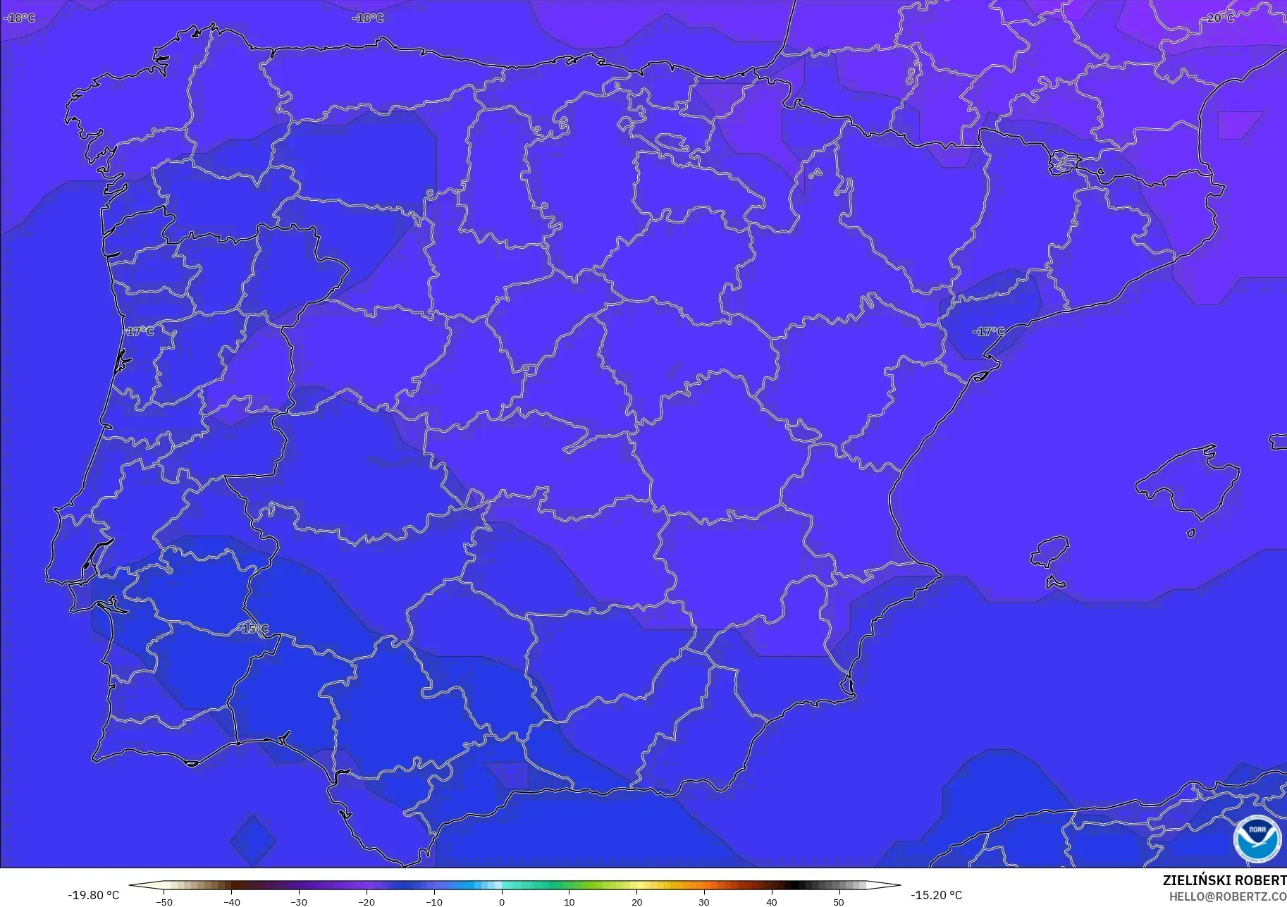 GFS modelo - España, Temperatura a 500 hPa