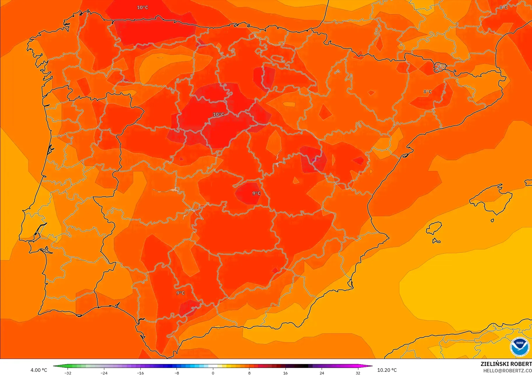GFS modelo - España, Anomalía de temperatura a 850 hPa