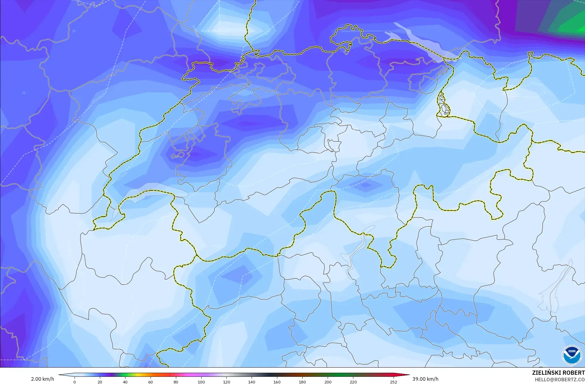 GFS modelo - Suiza, Ráfagas de viento