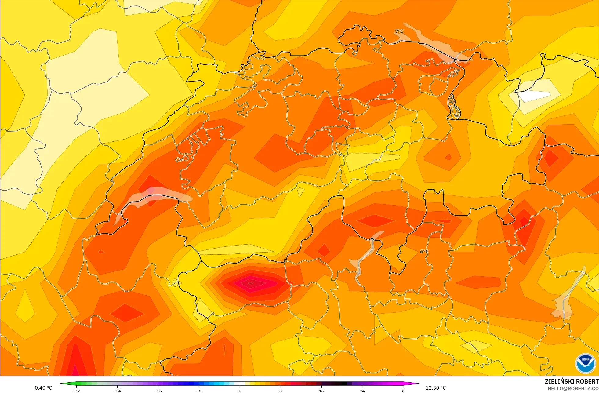 GFS modelo - Suiza, Anomalía de temperatura a 2 m