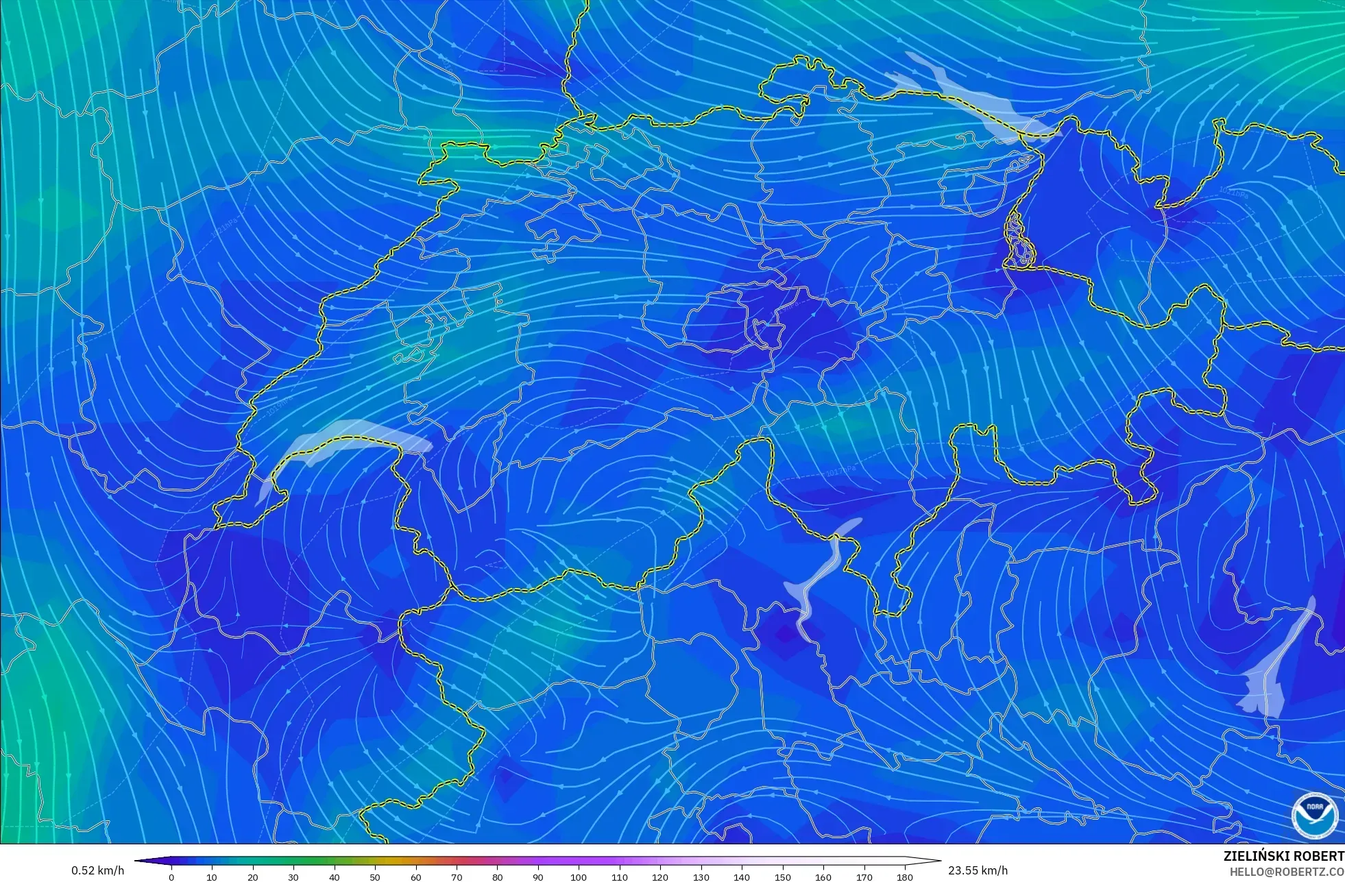 GFS modelo - Suiza, Viento a 10 m